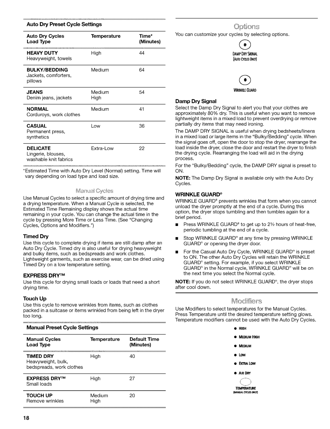 Kenmore 110.9586, 110.9587 manual Heavy Duty, Bulky/Bedding, Normal, Delicate, Express DRY TM, Timed DRY, Dampdrysignal, Low 