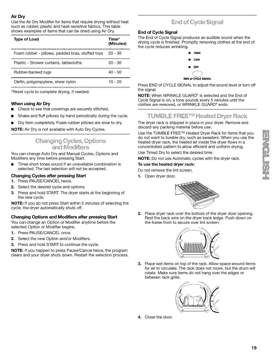 Kenmore 110.9587, 110.9586 manual When using Air Dry, Changing Cycles after pressing Start 