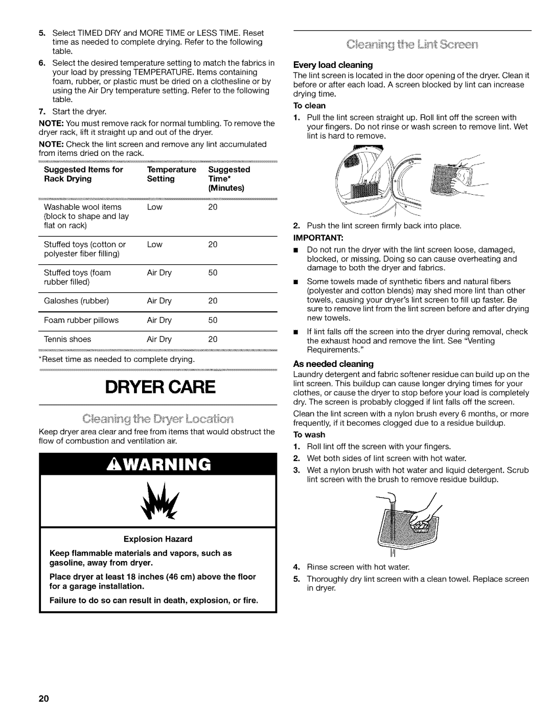 Kenmore 110.9586, 110.9587 manual Dryer Care, Suggested, Rack Drying Setting Time, To clean, As needed cleaning 