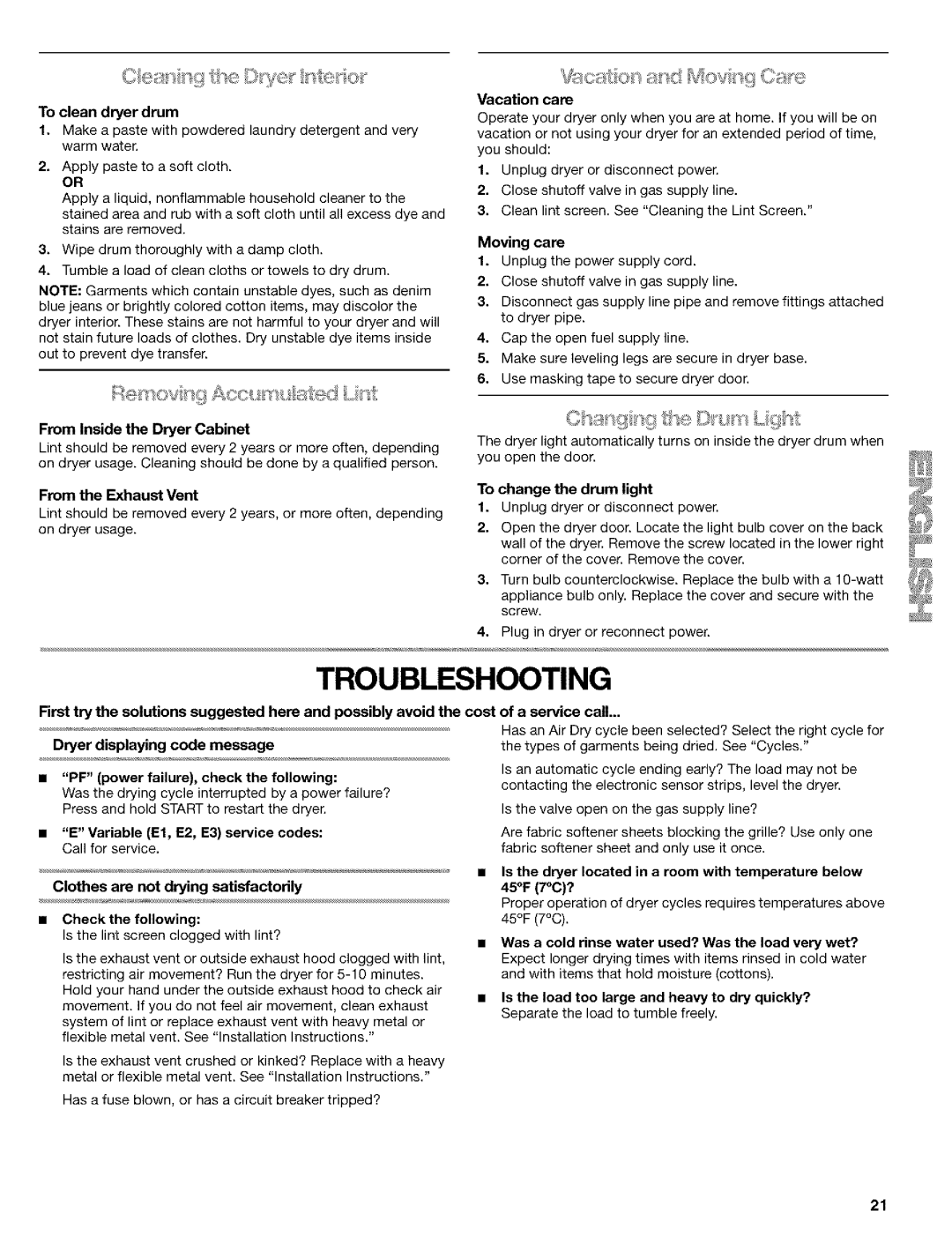 Kenmore 110.9587, 110.9586 manual To clean dryer drum, Moving care, From Inside the Dryer Cabinet, From the Exhaust Vent 