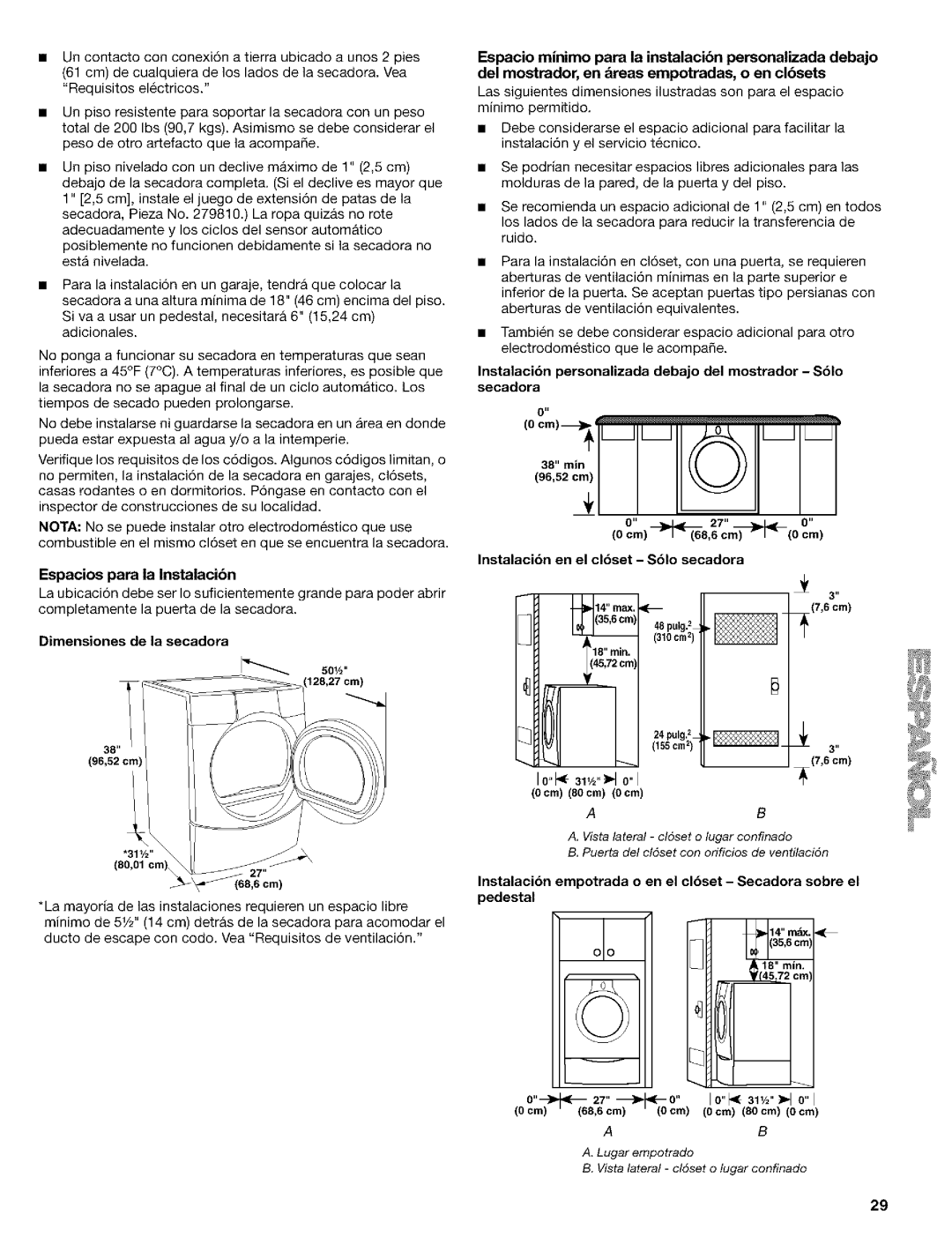 Kenmore 110.9587 Espacios para la Instalacibn, Dimensiones de la secadora, Instalacibn en el clbset Sblo secadora, Pulg,2 