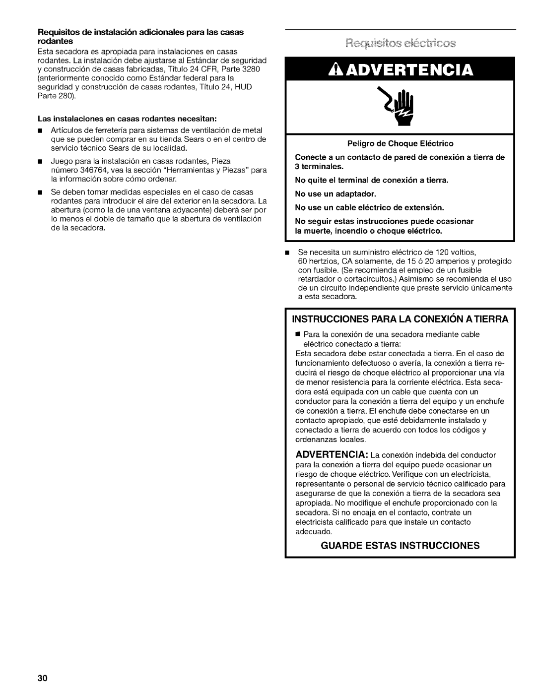 Kenmore 110.9586, 110.9587 manual Instrucciones Para LA Conexion a Tierra, Las instalaciones en casas rodantes necesitan 