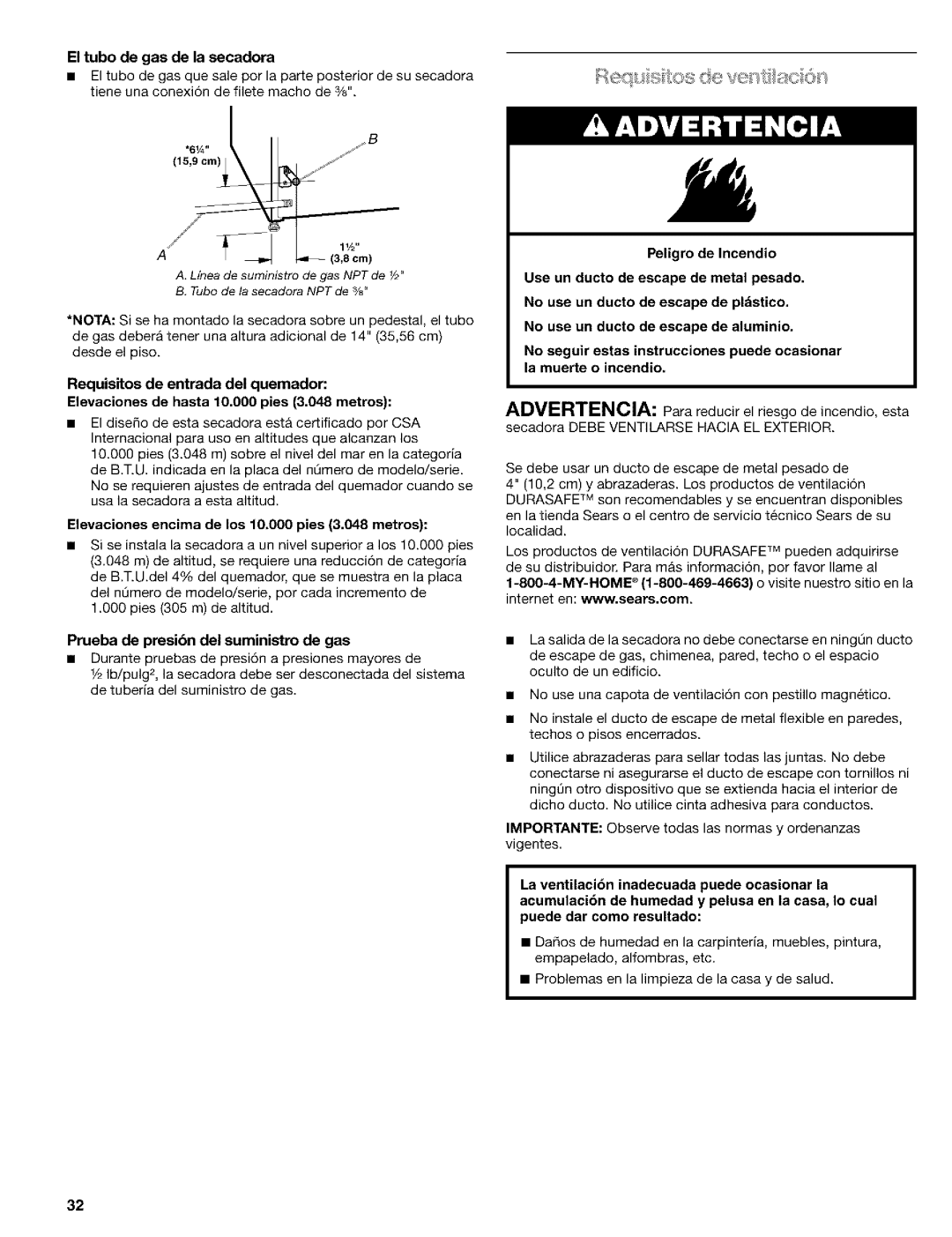 Kenmore 110.9586, 110.9587 manual El tubo de gas de la secadora, 15,9cmJ, Elevaciones encima de los 10.000 pies 3.048 metros 