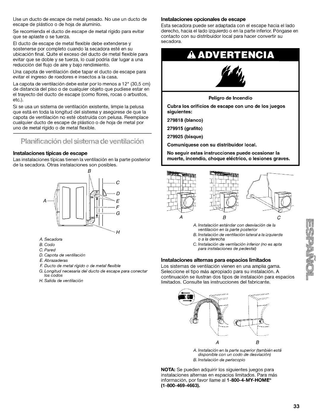 Kenmore 110.9587, 110.9586 manual Instalaciones tipicas de escape, Instalaciones opcionales de escape 