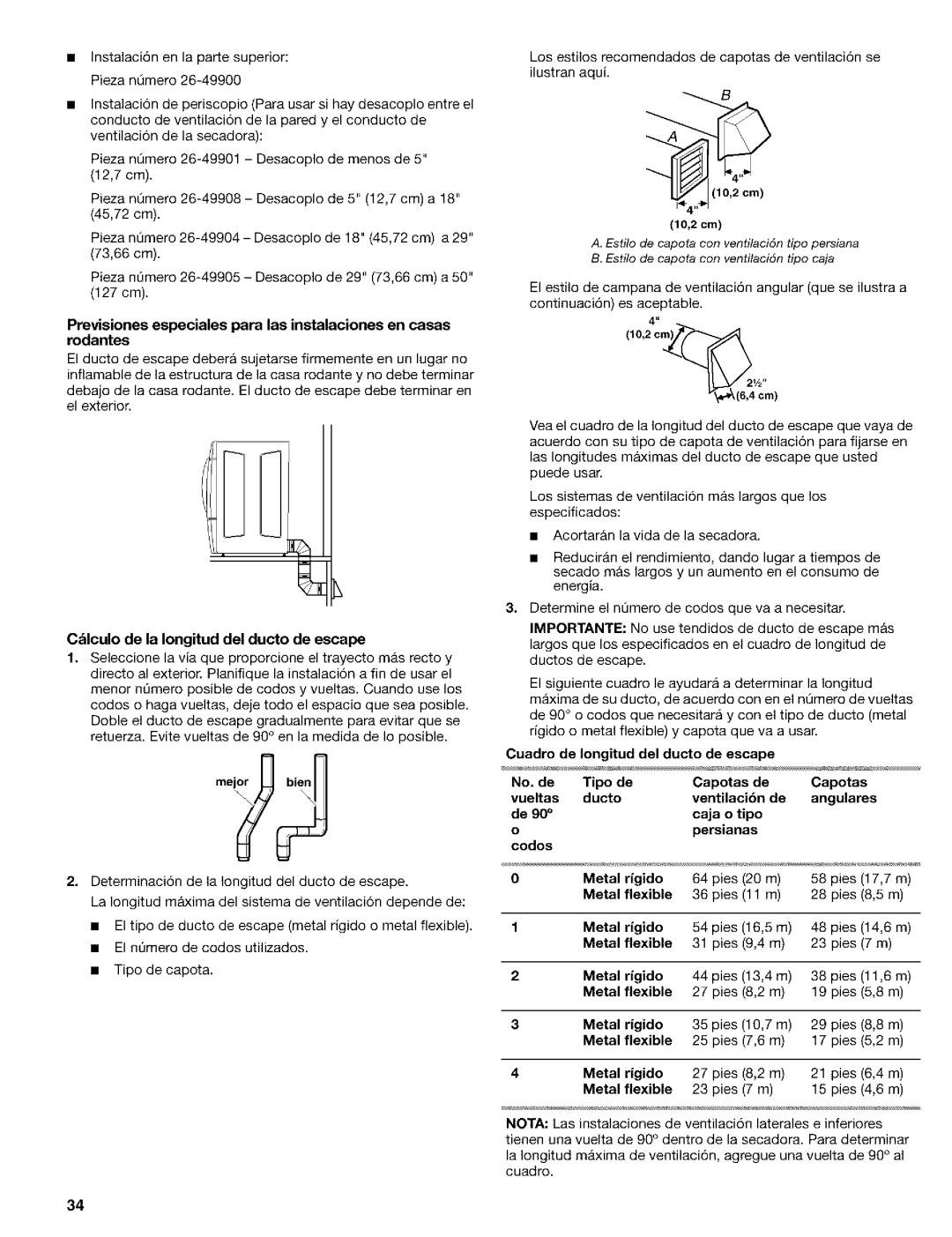 Kenmore 110.9586, 110.9587 manual Lculo de la Iongitud del ducto de escape, Me!or3Jbien, Caja o tipo Persianas Codos 