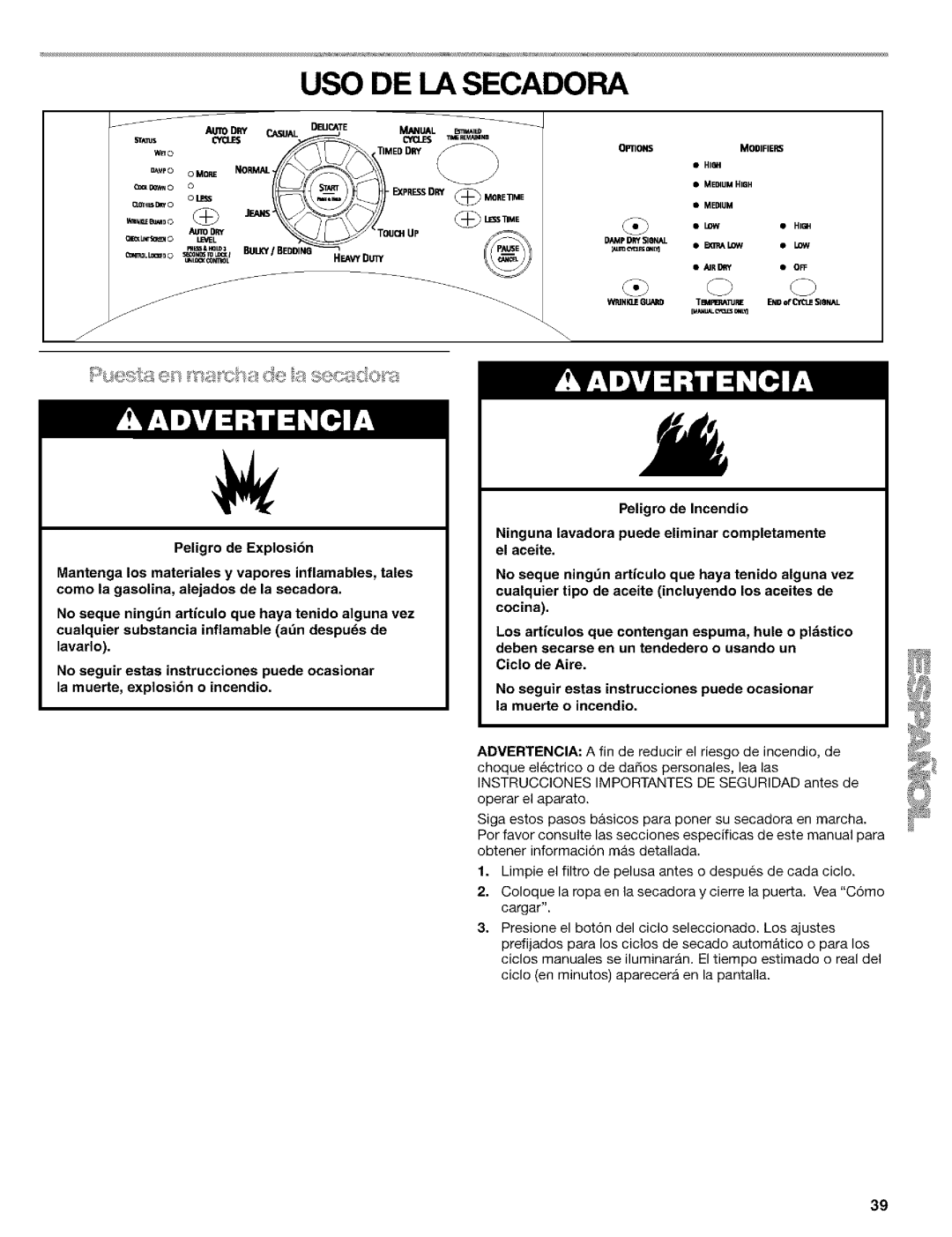 Kenmore 110.9587, 110.9586 manual USO DE LA Secadora 