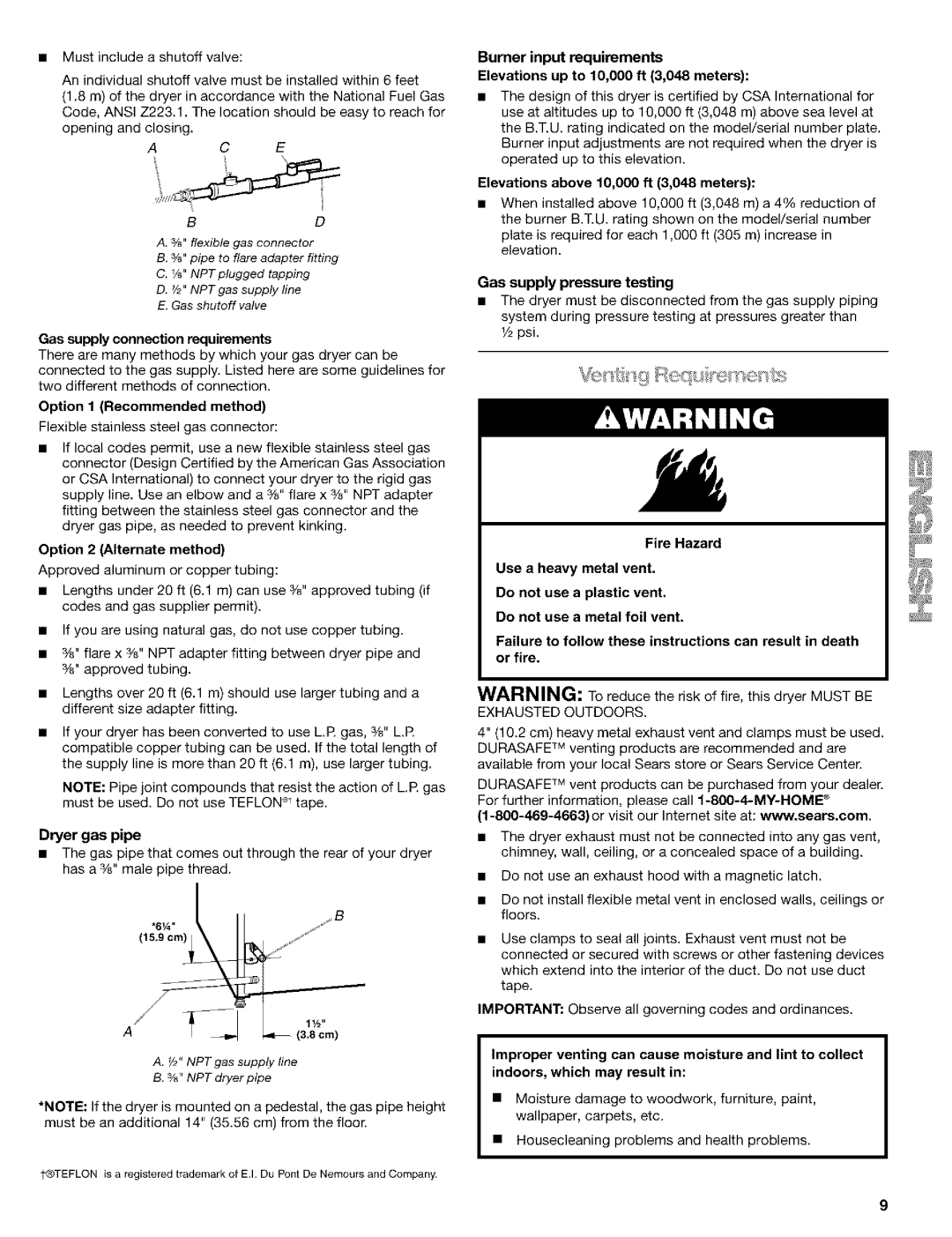 Kenmore 110.9587, 110.9586 manual Dryer gas pipe, Elevations above 10,000 ft 3,048 meters, Gas supply pressure testing 