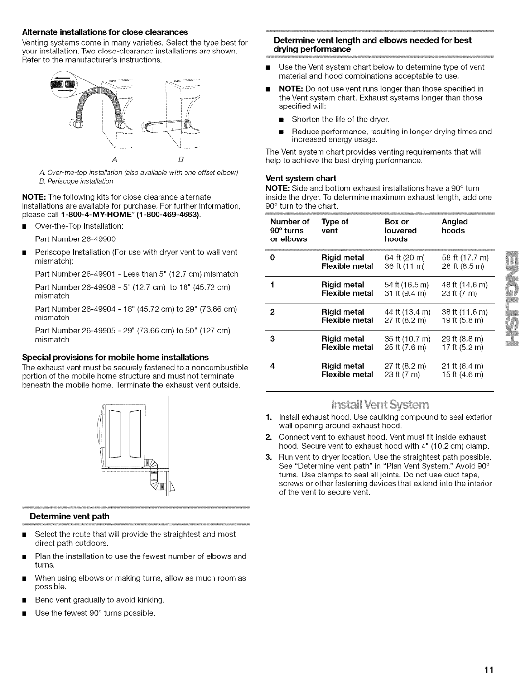 Kenmore 110.9656 manual Alternate installations for close clearances, Special provisions for mobile home installations 