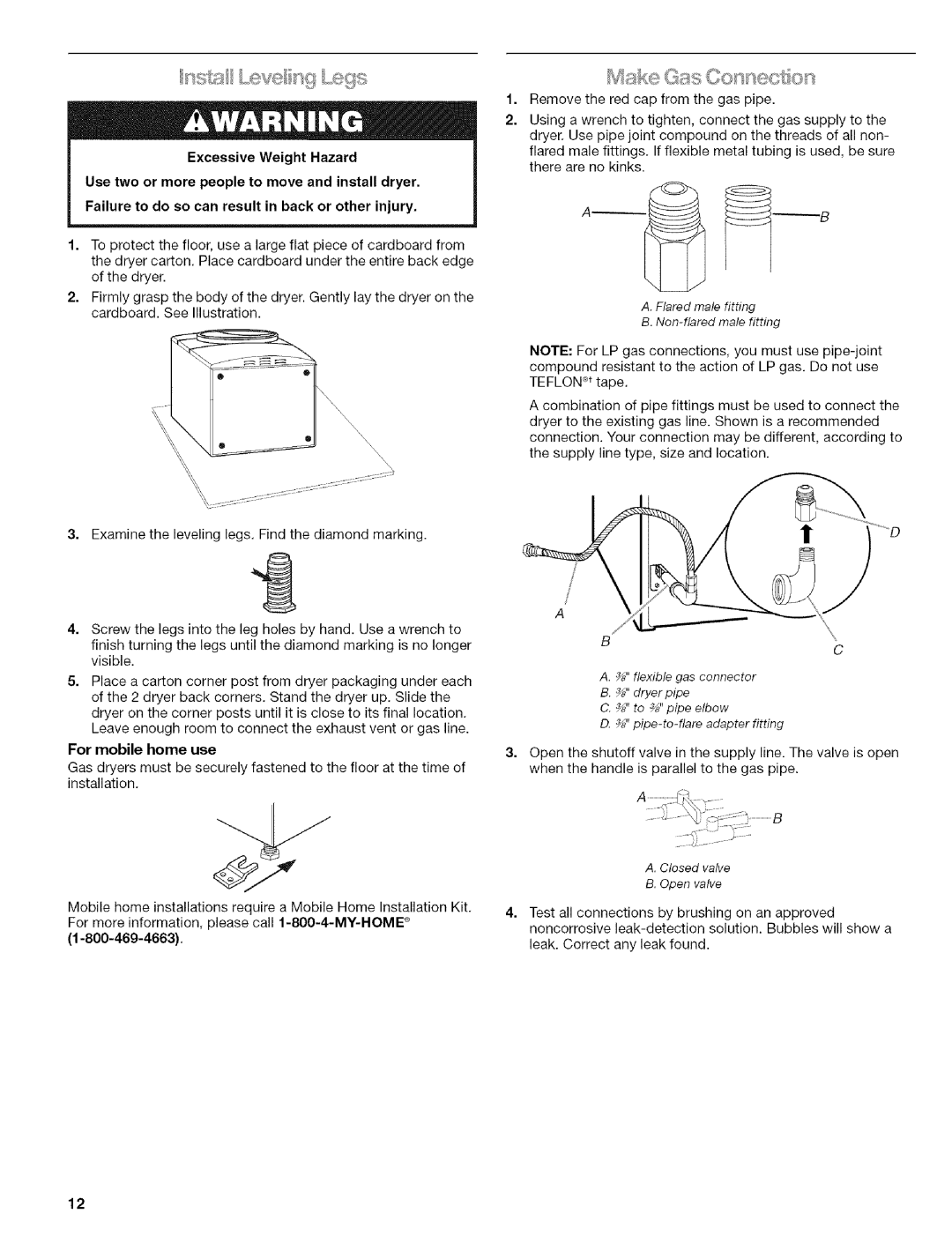 Kenmore 110.9656 manual For mobile home use, Flared male fitting Non-flared male fitting 