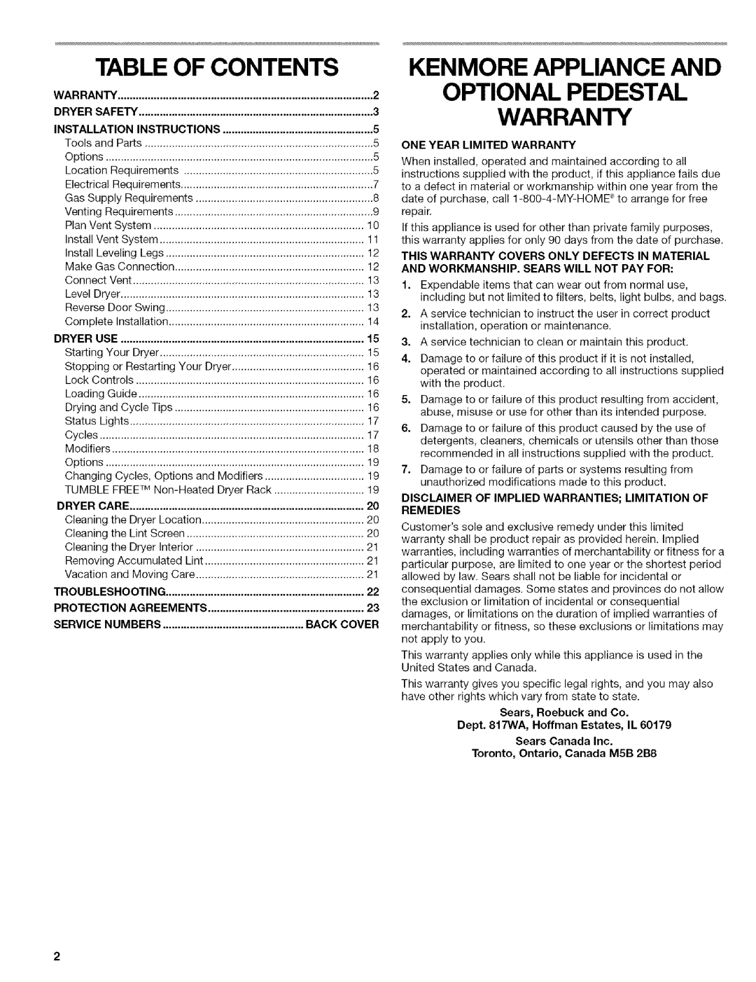 Kenmore 110.9656 manual Table of Contents, Kenmore Appliance and Optional Pedestal Warranty 