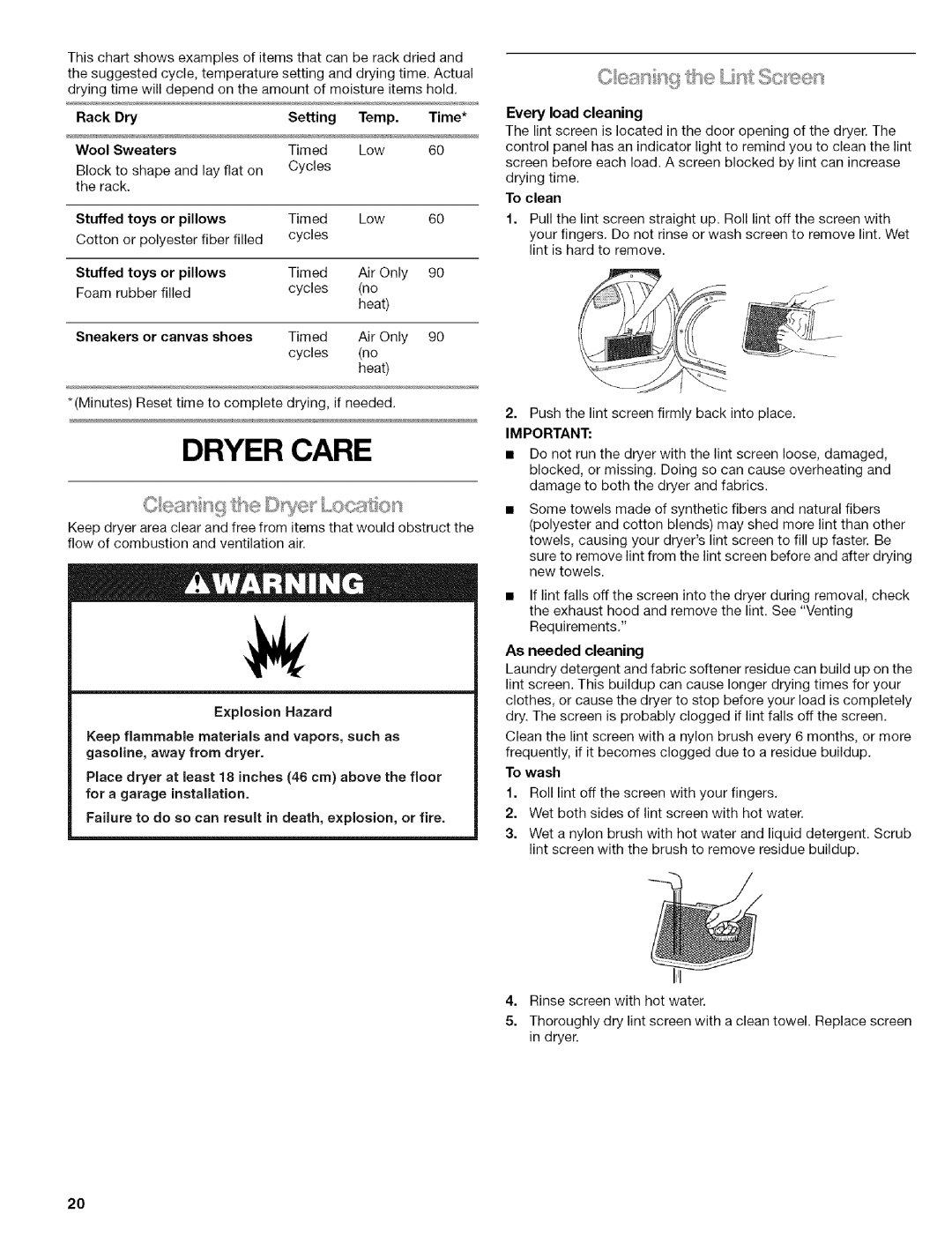 Kenmore 110.9656 manual Dryer Care 