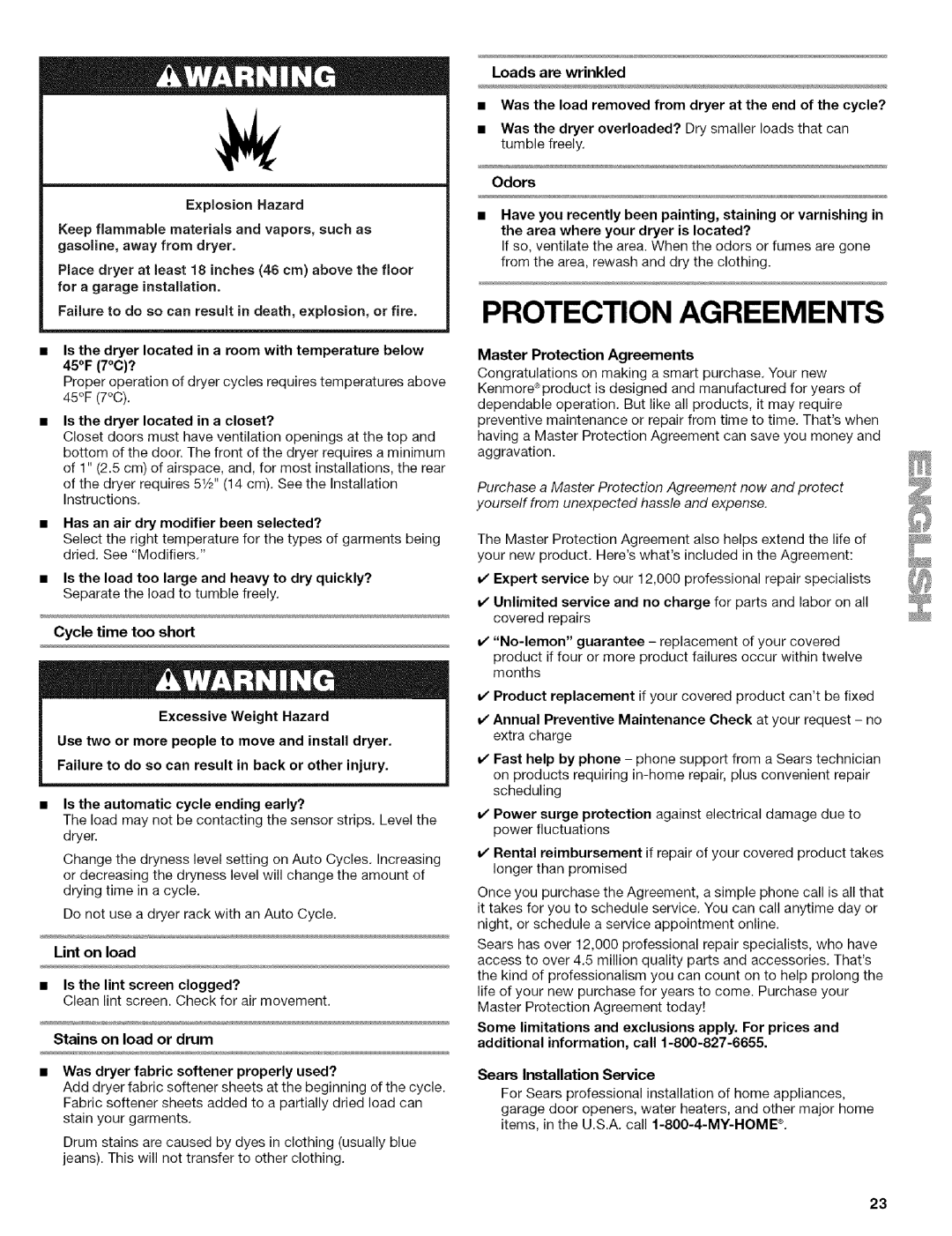 Kenmore 110.9656 manual Explosion Hazard, Lint on load Is the lint screen clogged?, Master Protection Agreements 