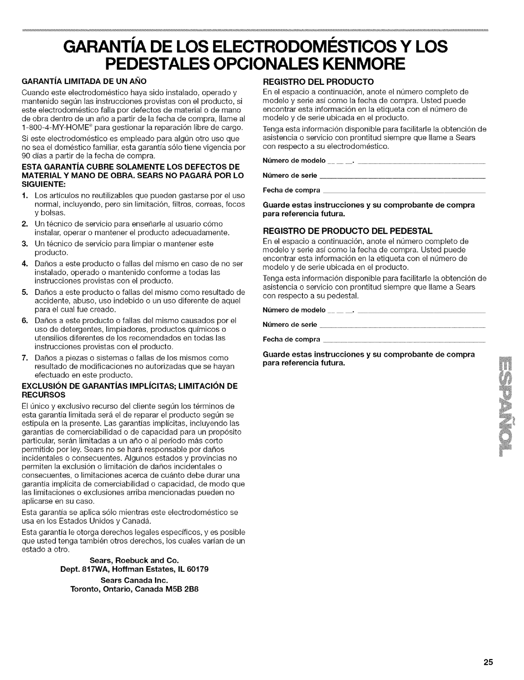 Kenmore 110.9656 manual Garantia Limitada DE UN Aiio, Exclusion DE Garantias Implcitas Limitacion DE Recursos 