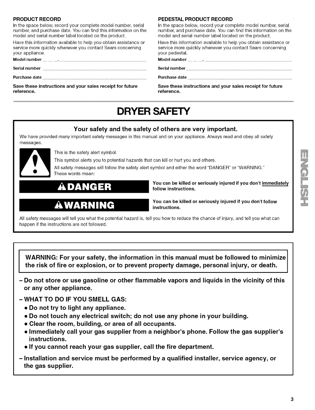 Kenmore 110.9656 manual Dryer Safety, Model number, Pedestal Product Record 