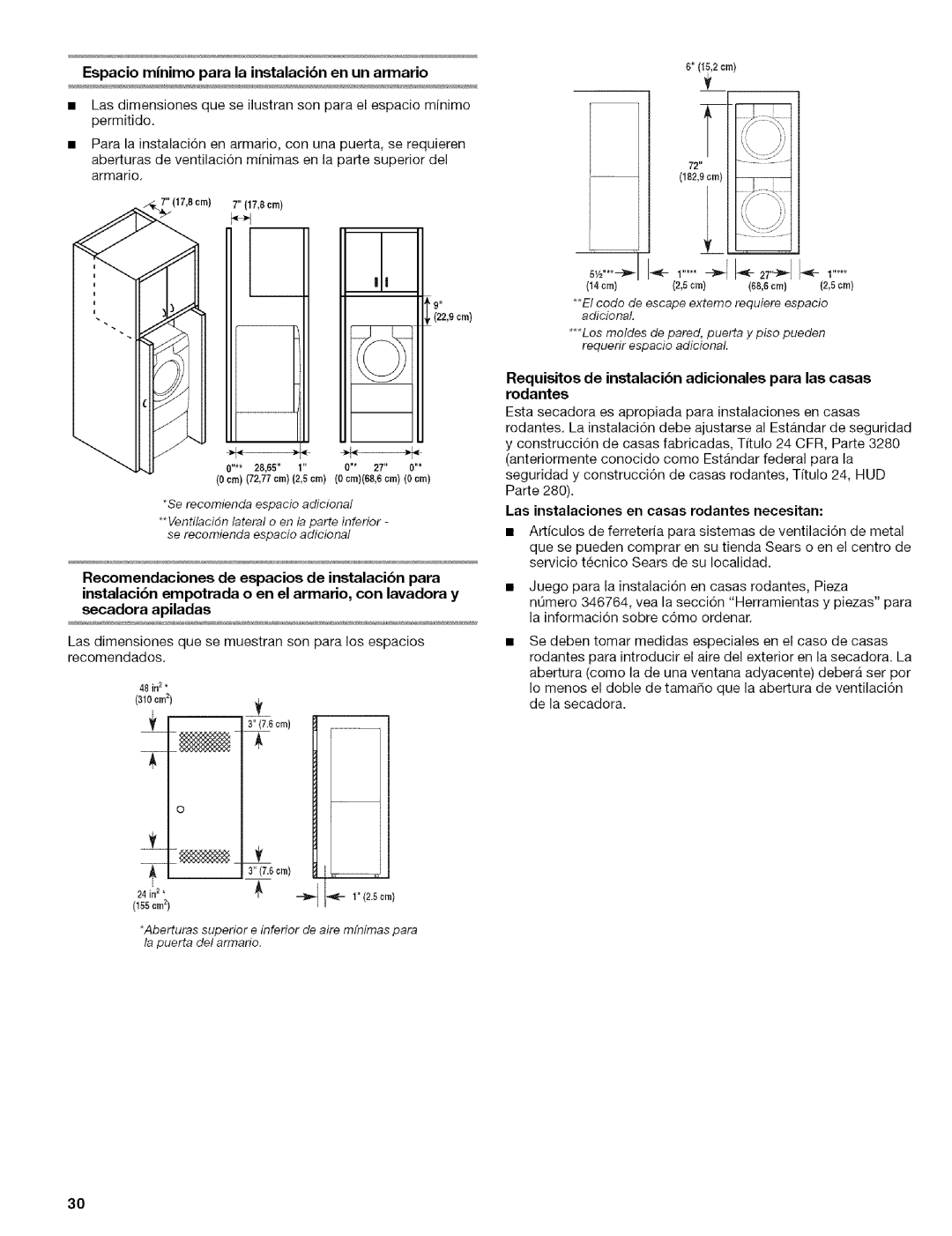 Kenmore 110.9656 manual Espacio minimo para la instalacibn en un armario, Las instalaciones en casas rodantes necesitan 