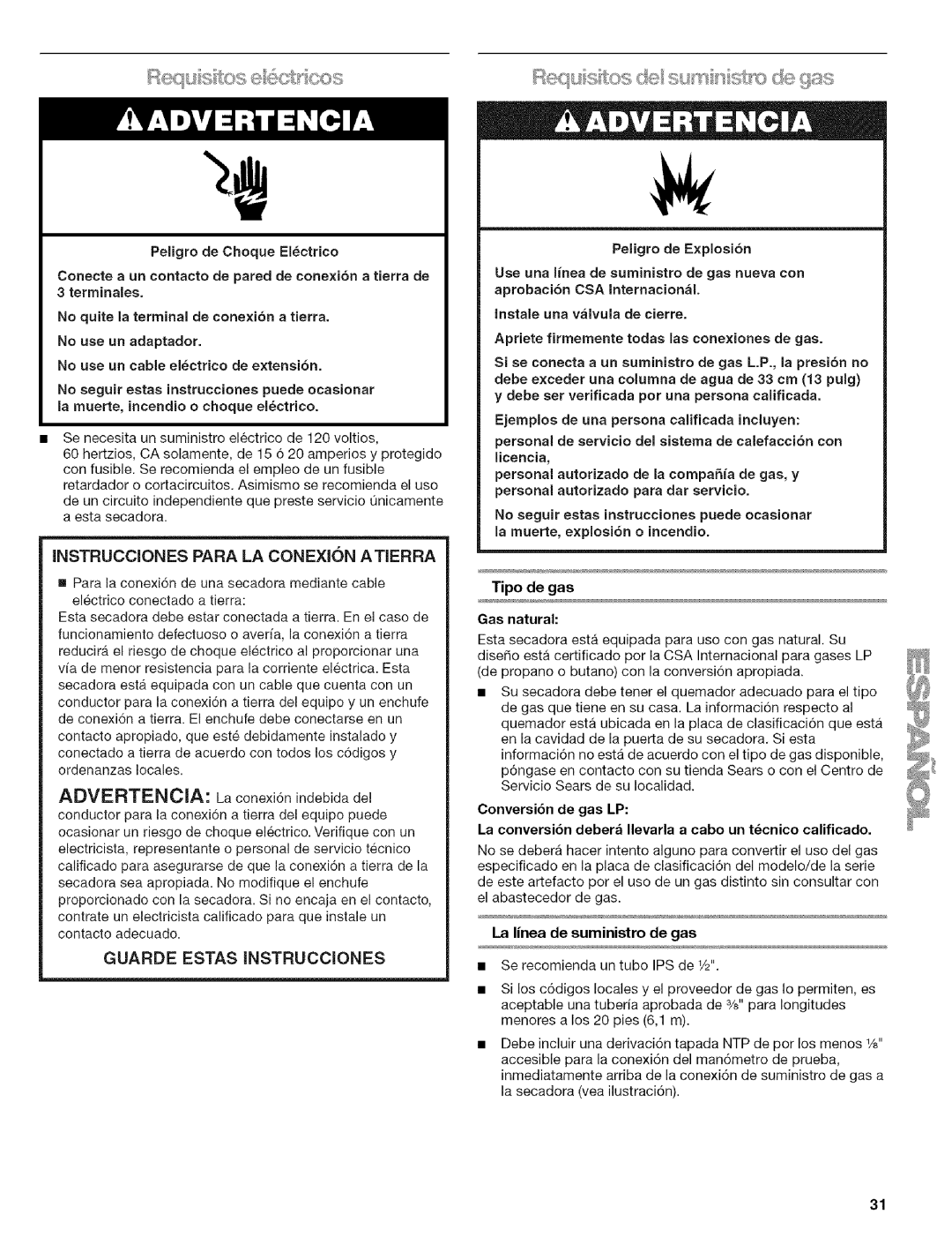 Kenmore 110.9656 Peligro de Choque Elctrico, Peligro de E×plosi6n, Tipo de gas Gas natural, La linea de suministro de gas 