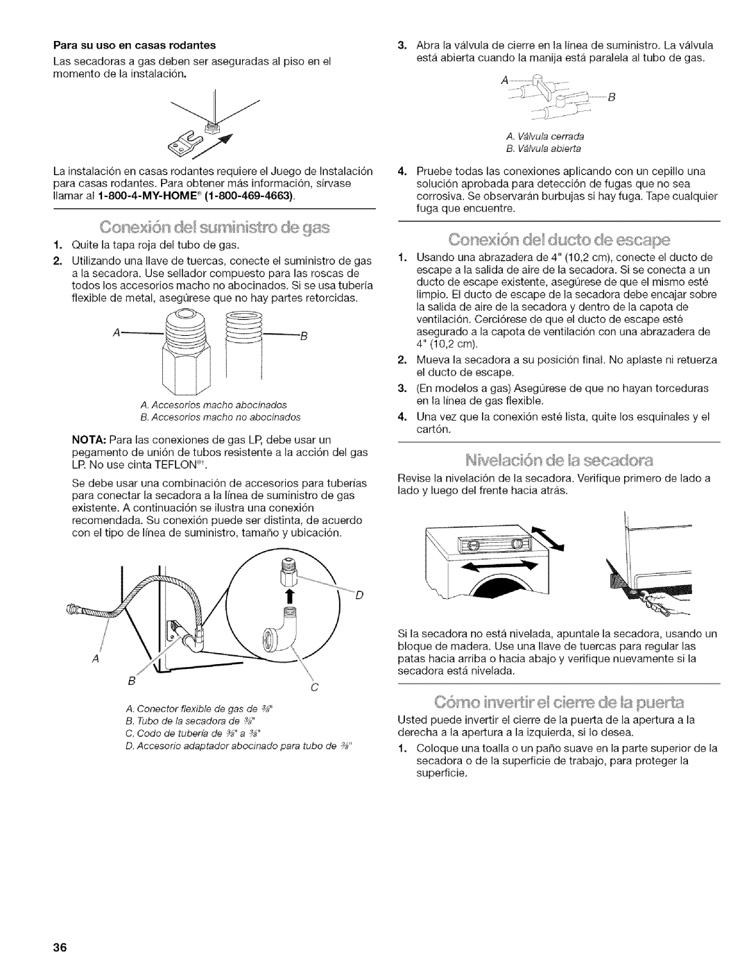 Kenmore 110.9656 manual Para su uso en casas rodantes, Accesorios macho abocinados Accesorios macho no abocinados 