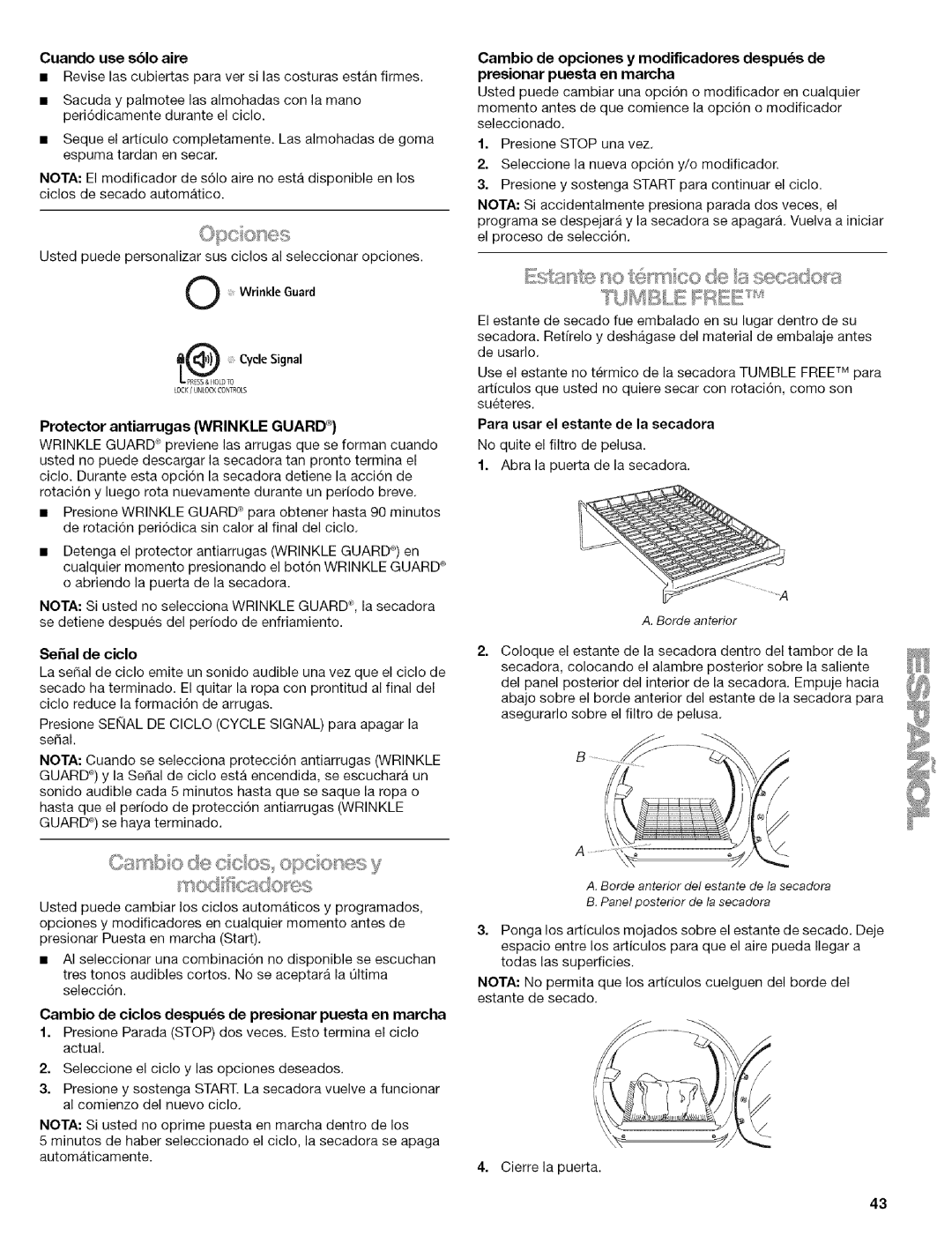 Kenmore 110.9656 manual Cuando use s61o aire, Protector antiarrugas Wrin KLE Guard e, Serial de ciclo 