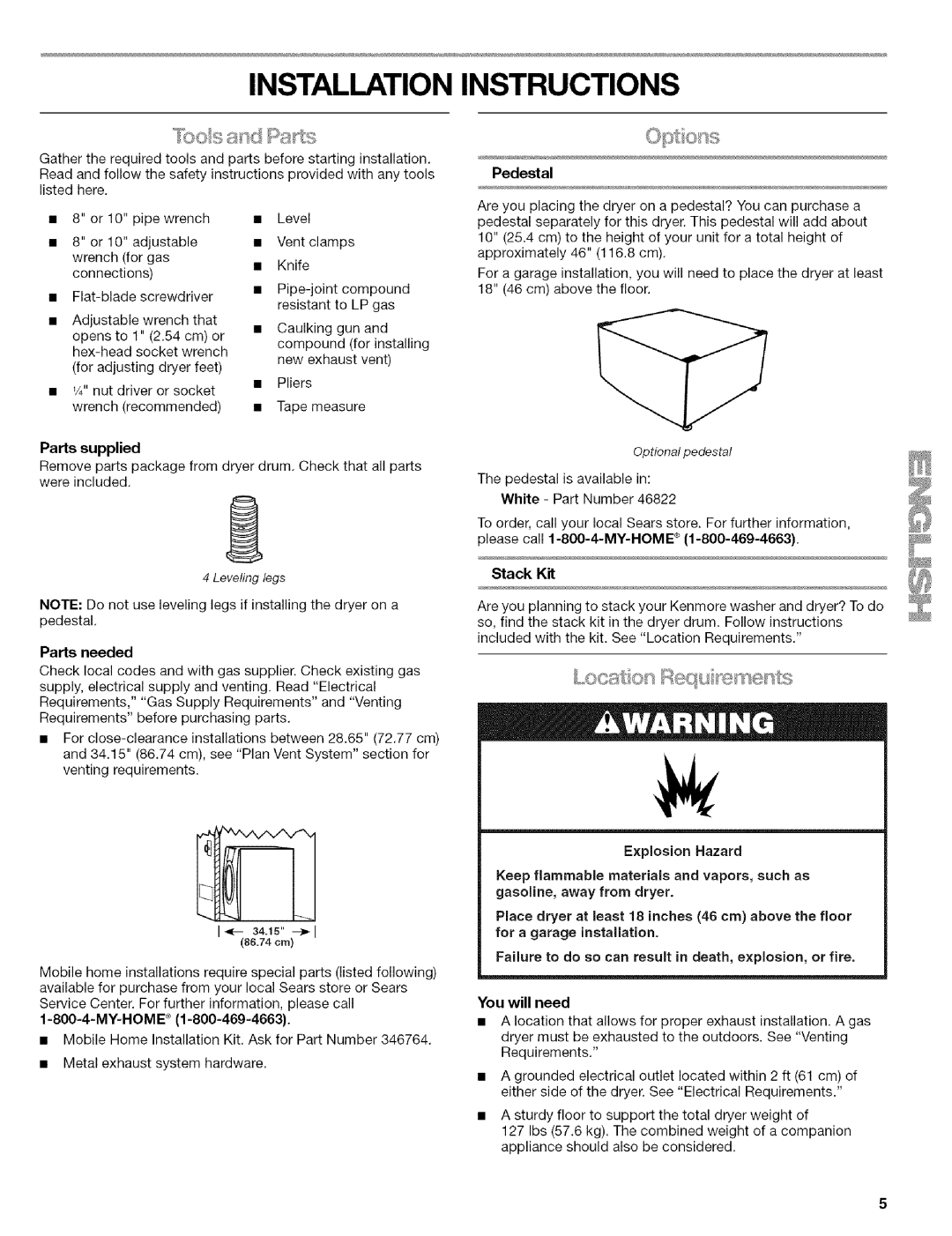 Kenmore 110.9656 manual Pedestal, Parts supplied, Parts needed, Stack Kit 