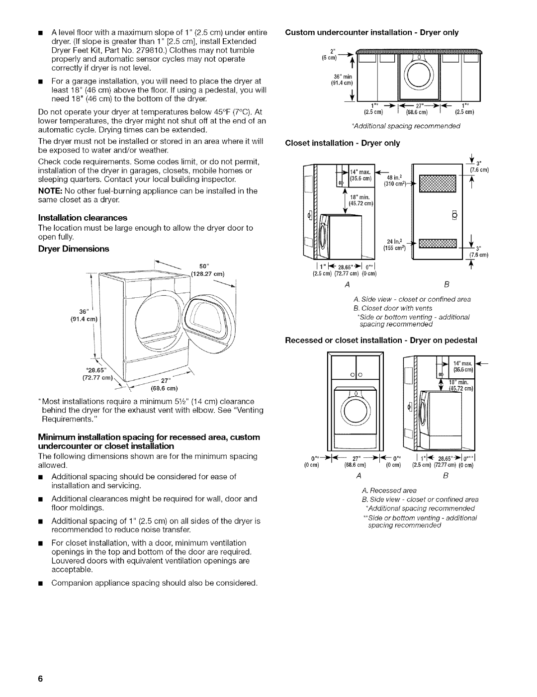 Kenmore 110.9656 manual Installation clearances, Custom undercounter installation Dryer only 