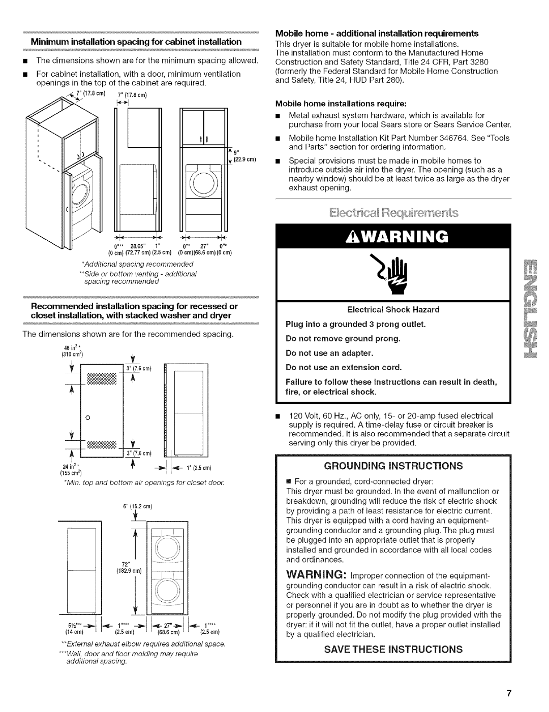 Kenmore 110.9656 manual Grounding iNSTRUCTiONS, Minimum installation spacing for cabinet installation 