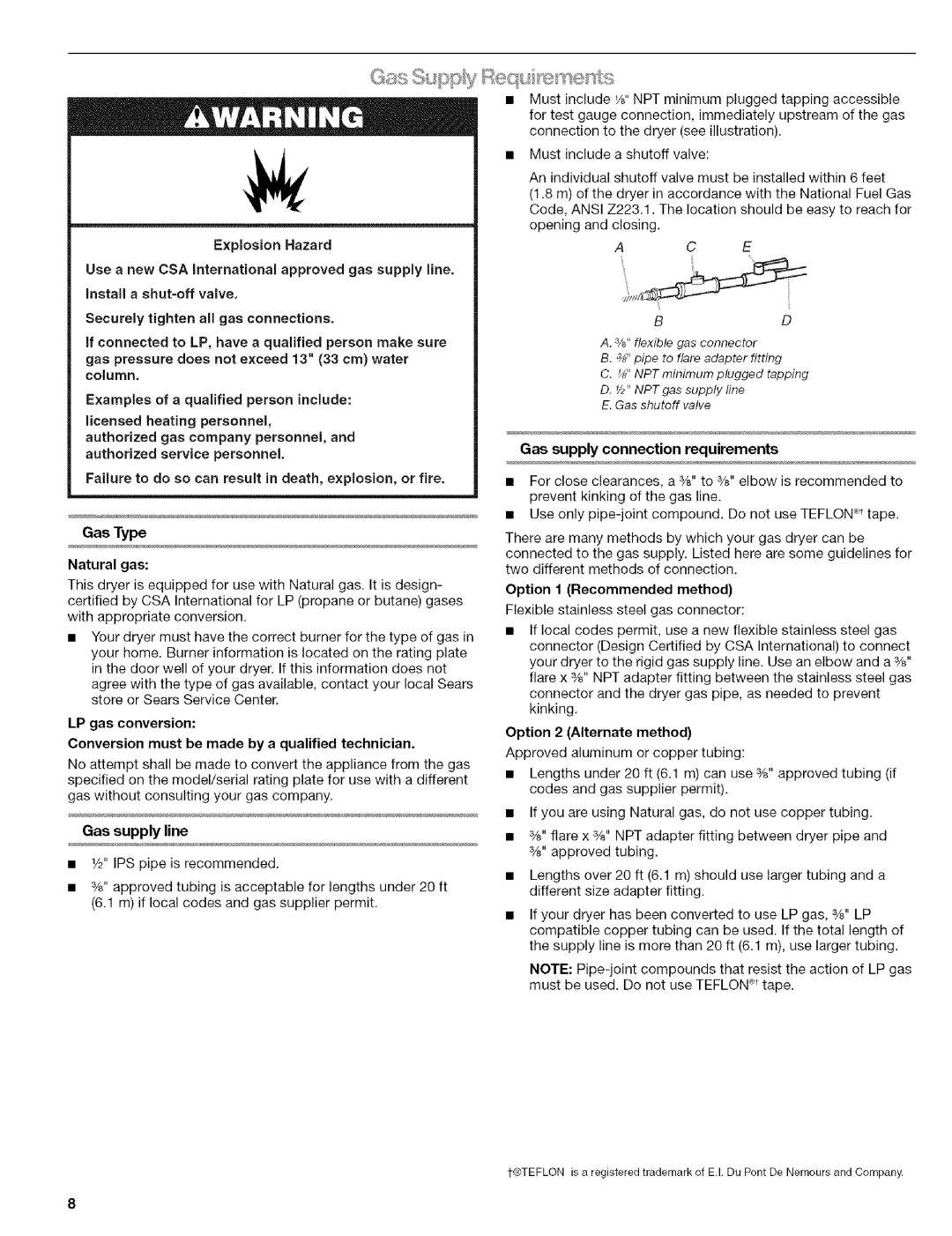 Kenmore 110.9656 manual Gas supply connection requirements, Gas supply line, Option 1 Recommended method 