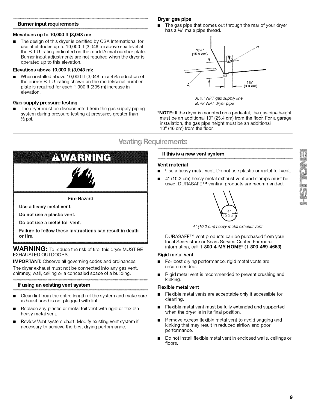 Kenmore 110.9656 manual Burner input requirements 