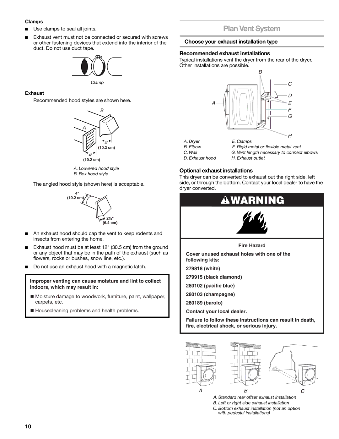 Kenmore 110.9787 manual Plan Vent System, Optional exhaust installations, Clamps, Exhaust 