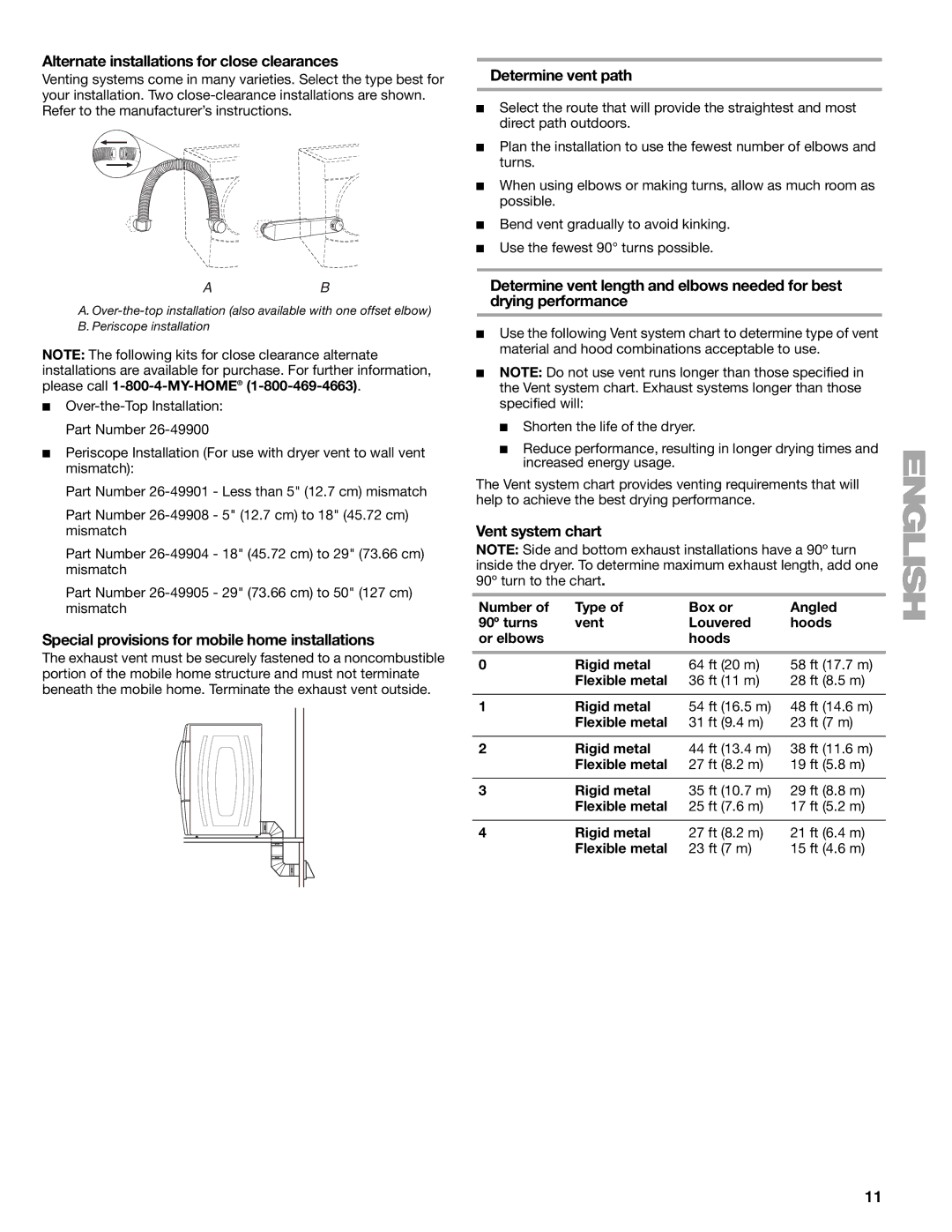 Kenmore 110.9787 manual Alternate installations for close clearances, Special provisions for mobile home installations 