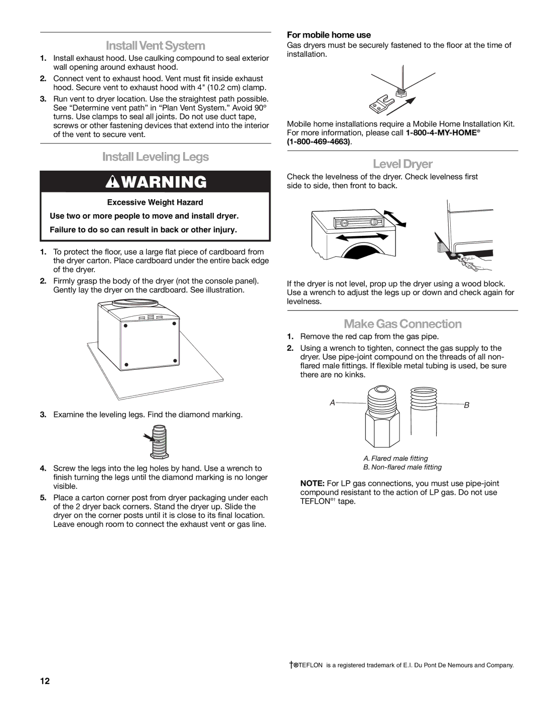 Kenmore 110.9787 manual Install Vent System, Install Leveling Legs, Level Dryer, Make Gas Connection, For mobile home use 