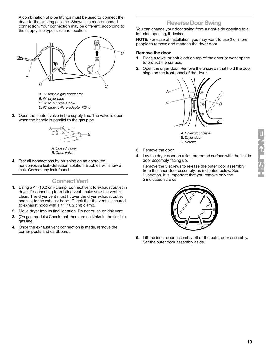 Kenmore 110.9787 manual Reverse Door Swing, Connect Vent, Remove the door 