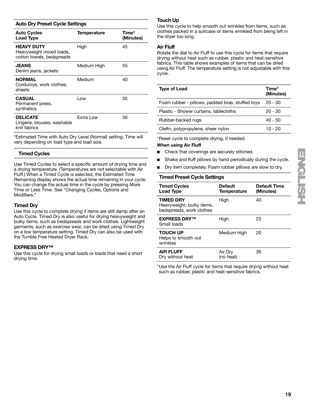 Kenmore 110.9787 Auto Dry Preset Cycle Settings, Timed Cycles, Timed Dry, Touch Up, Air Fluff, Timed Preset Cycle Settings 