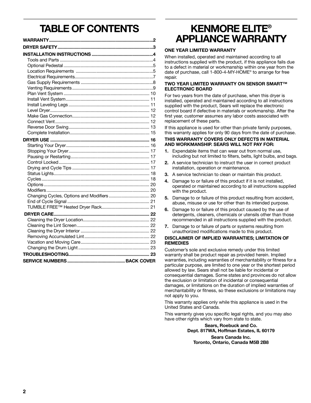 Kenmore 110.9787 manual Table of Contents, Kenmore Elite Appliance Warranty 