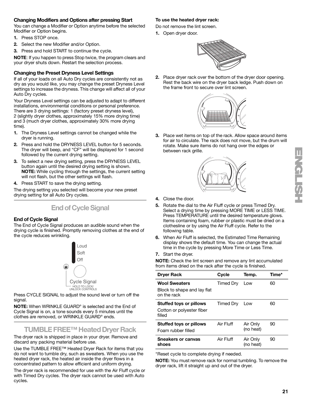 Kenmore 110.9787 End of Cycle Signal, Tumble Free Heated Dryer Rack, Changing Modifiers and Options after pressing Start 