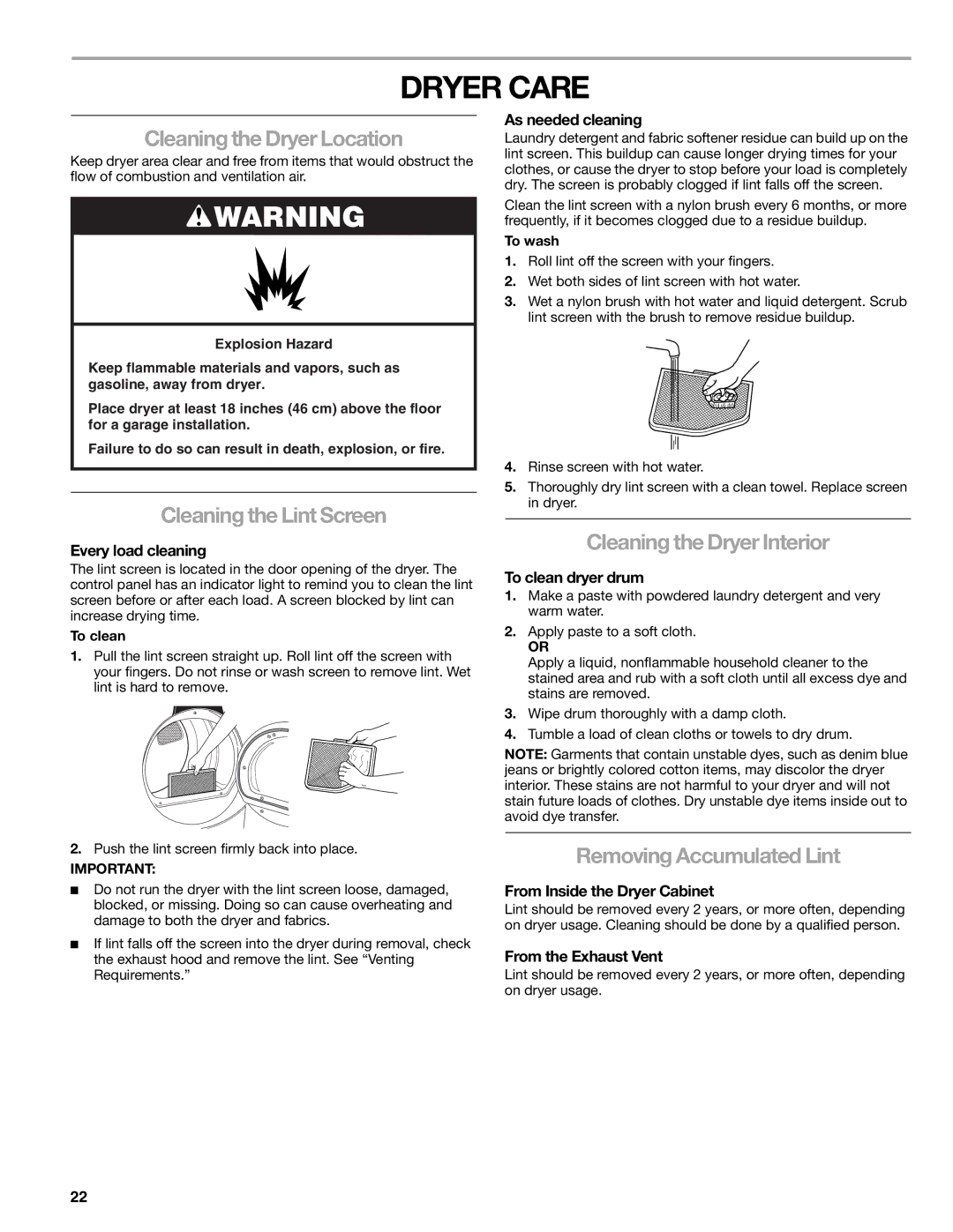 Kenmore 110.9787 manual Dryer Care, Cleaning the Dryer Location, Cleaning the Lint Screen, Cleaning the Dryer Interior 