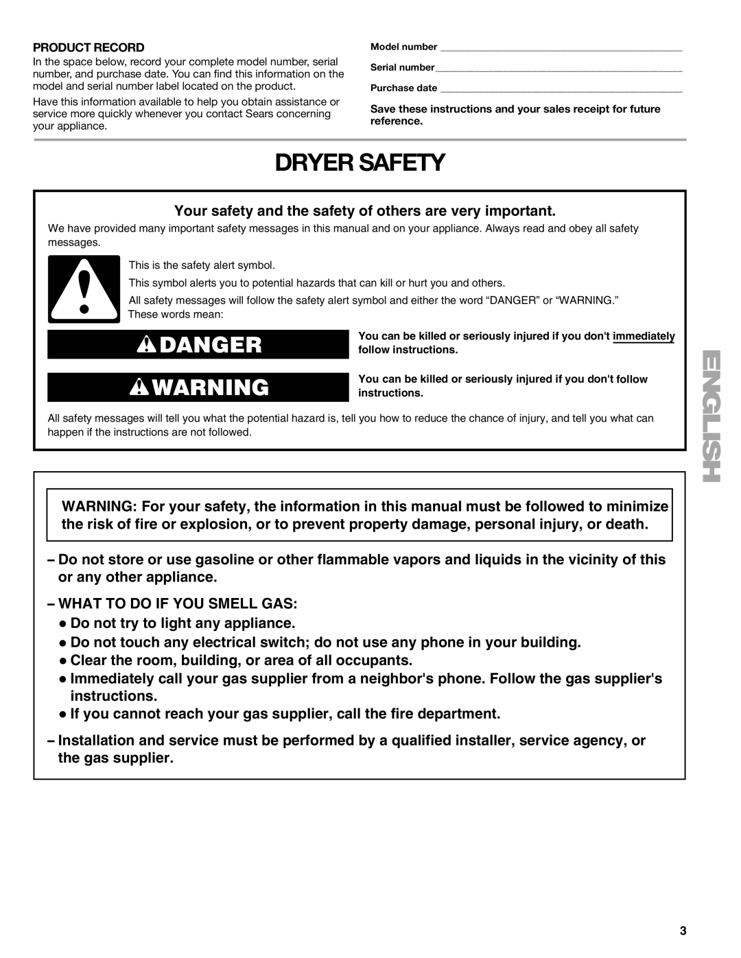 Kenmore 110.9787 manual Dryer Safety, Product Record 