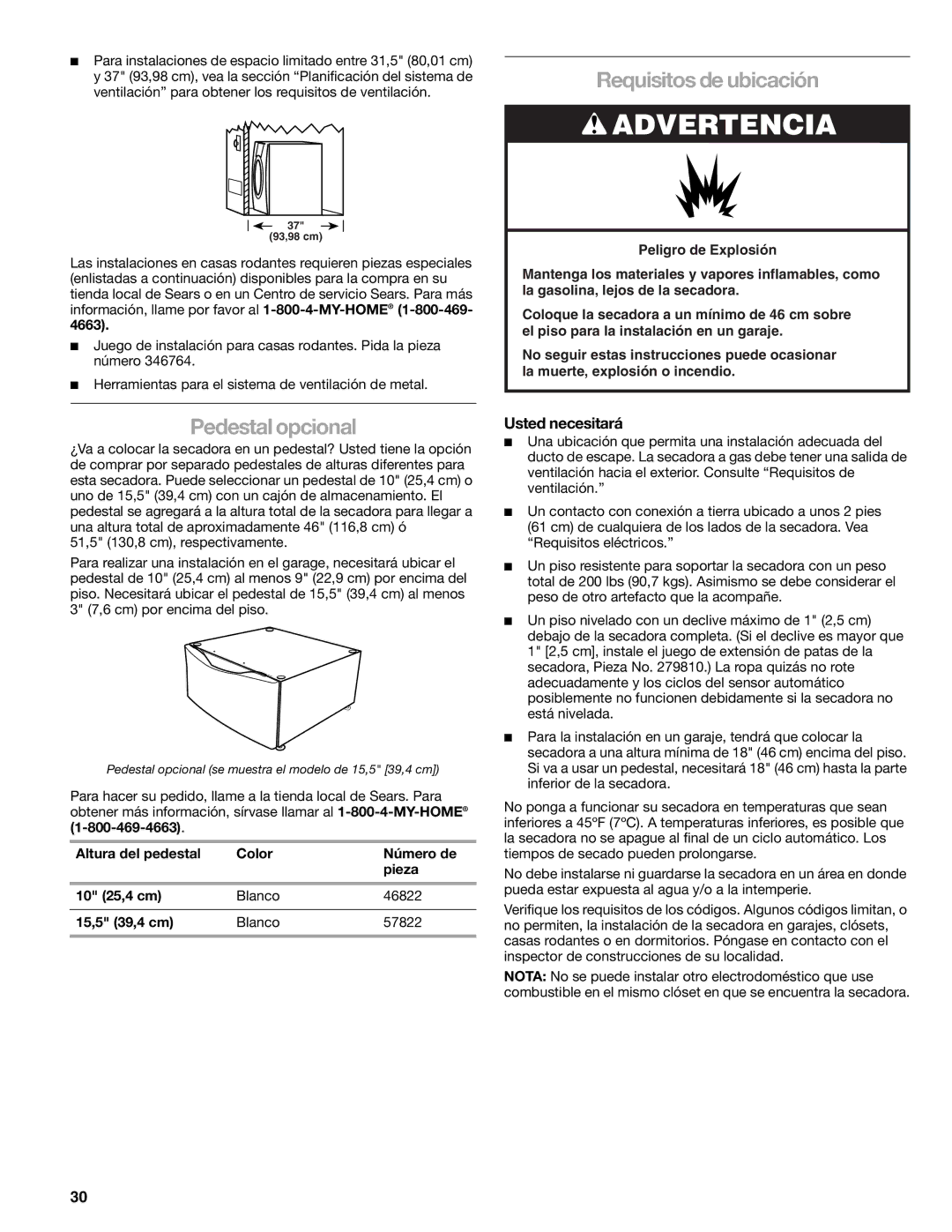 Kenmore 110.9787 manual Requisitos de ubicación, Pedestal opcional, Usted necesitará, 4663 