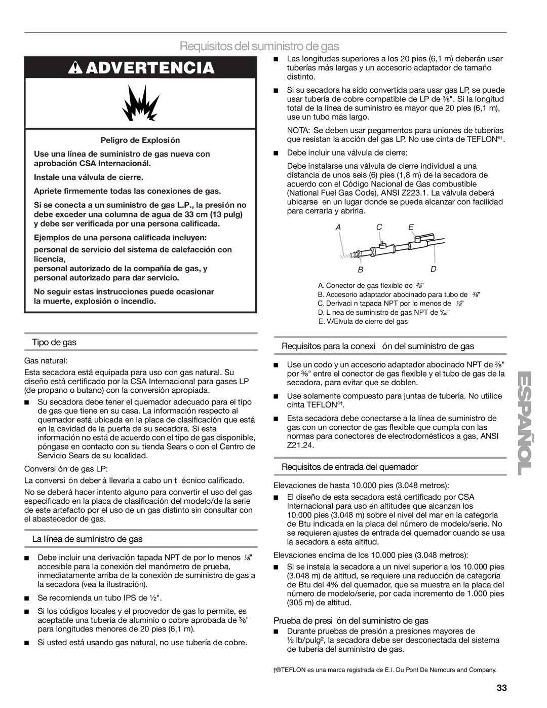 Kenmore 110.9787 manual Requisitos del suministro de gas 