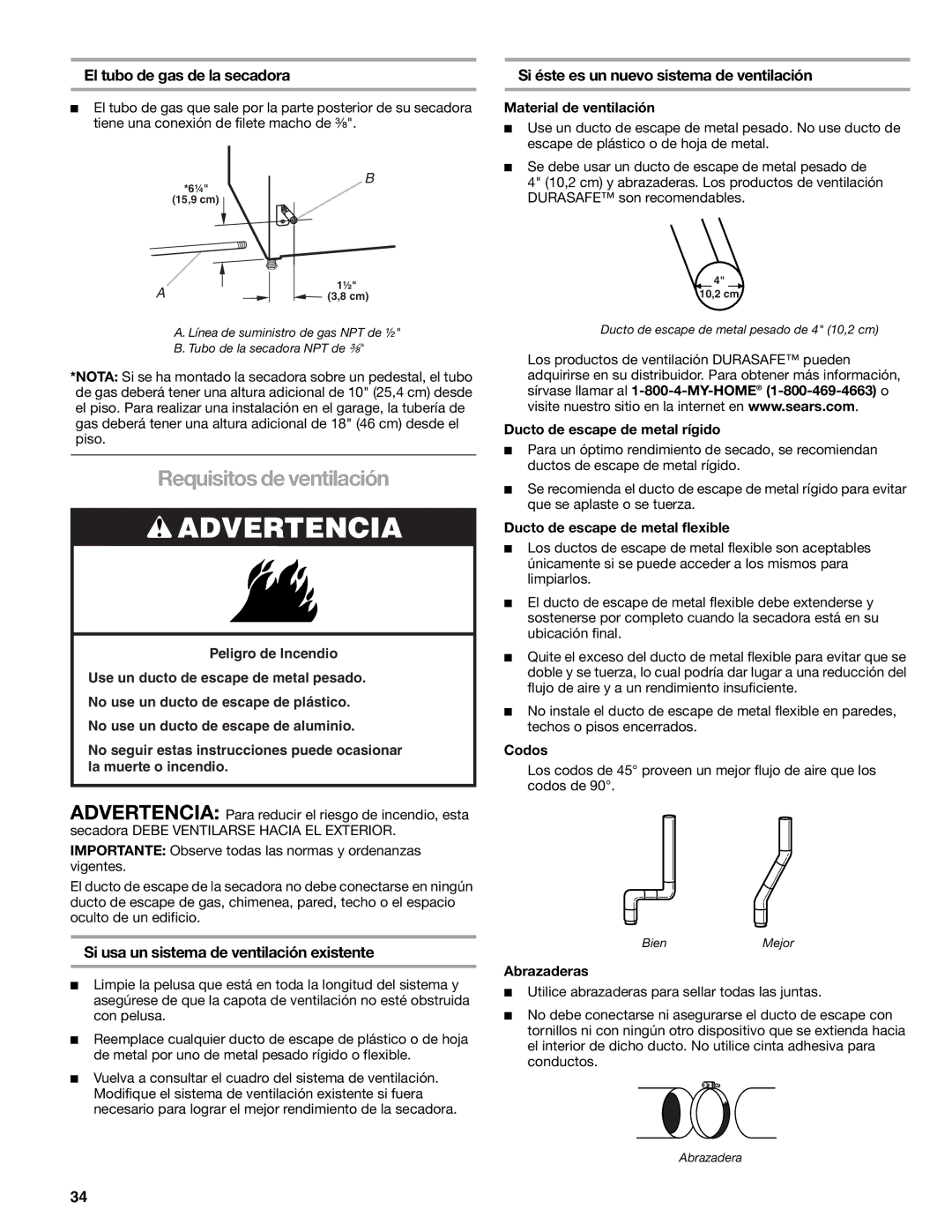 Kenmore 110.9787 Requisitos de ventilación, El tubo de gas de la secadora, Si usa un sistema de ventilación existente 