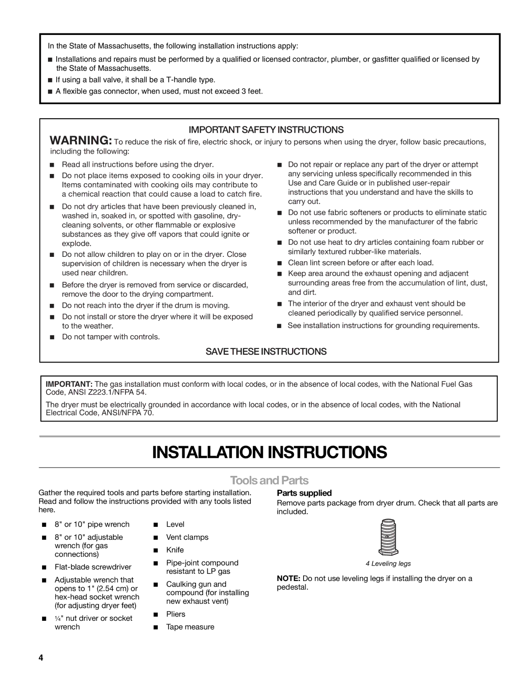 Kenmore 110.9787 manual Installation Instructions, Tools and Parts, Parts supplied 