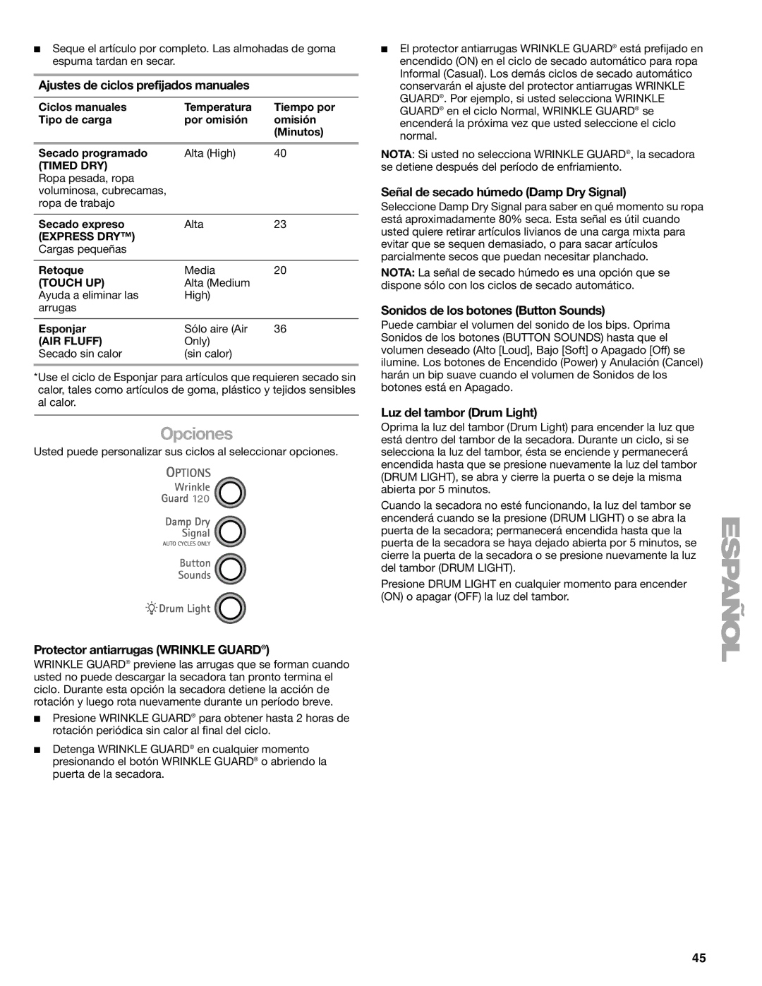 Kenmore 110.9787 Opciones, Ajustes de ciclos prefijados manuales, Señal de secado húmedo Damp Dry Signal 