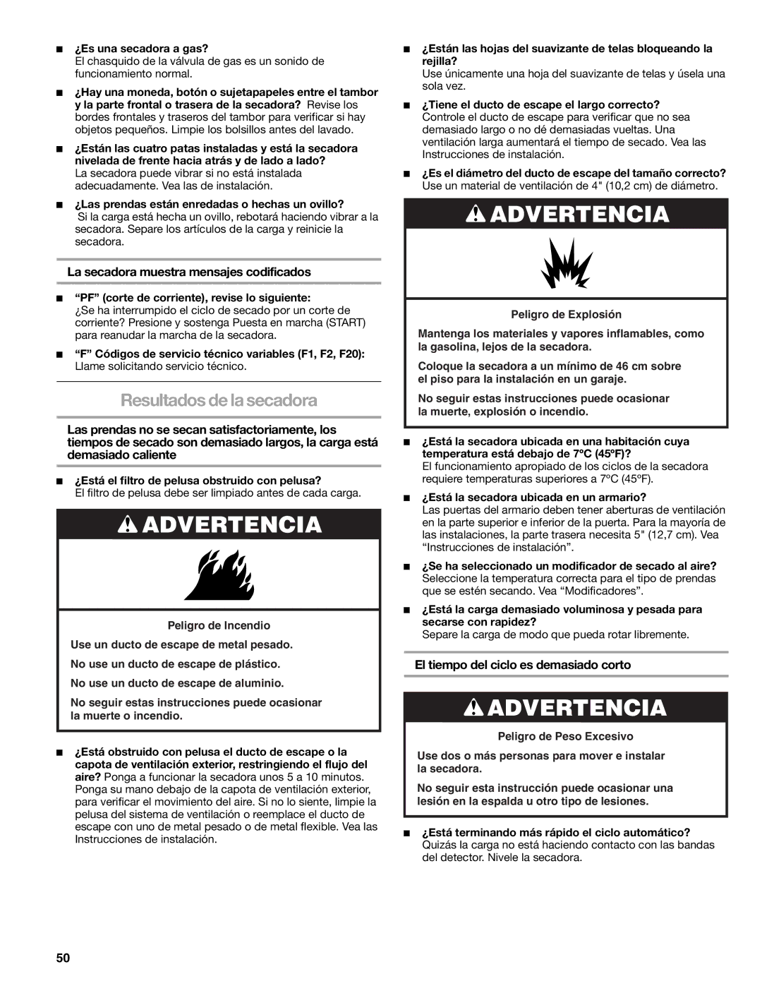 Kenmore 110.9787 manual Resultados de la secadora, La secadora muestra mensajes codificados 