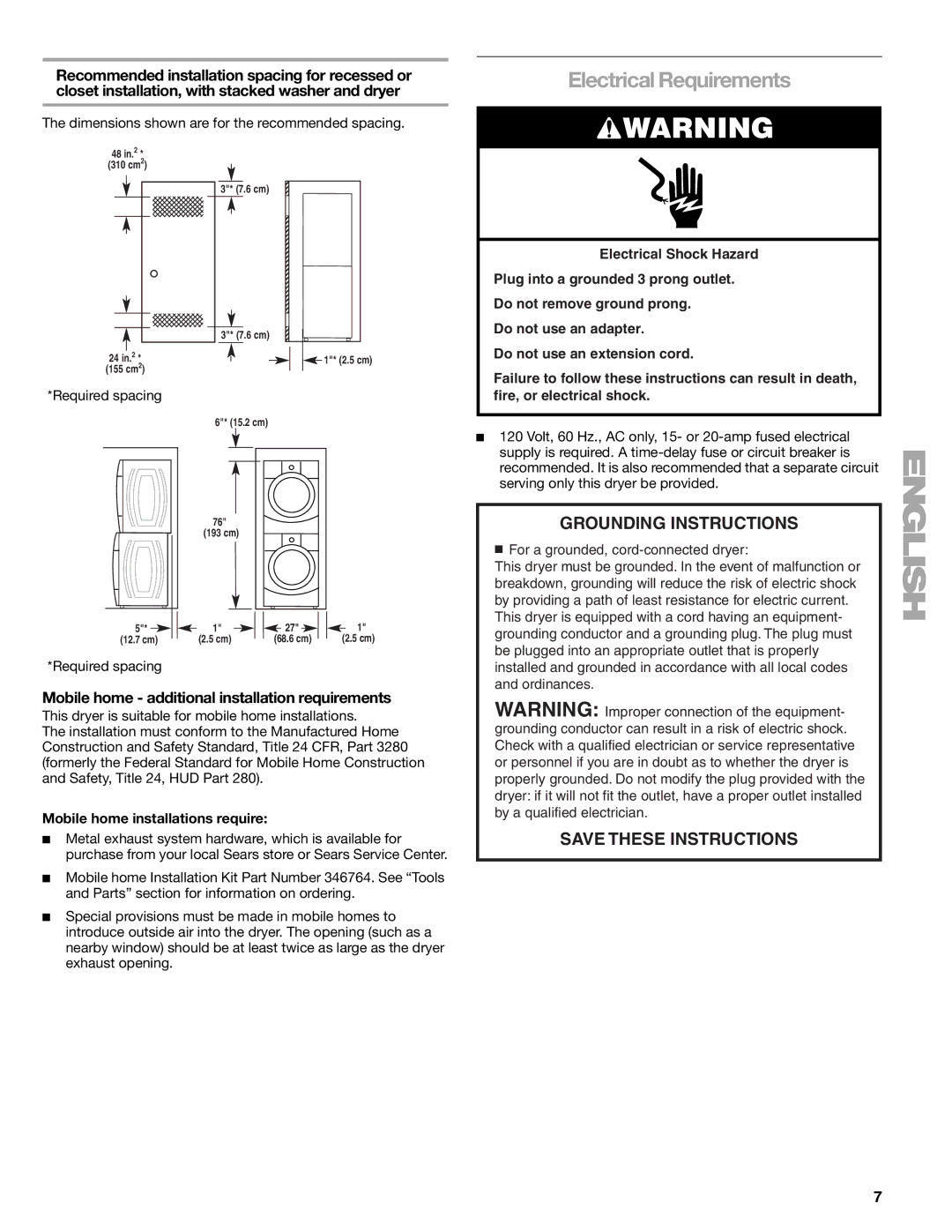 Kenmore 110.9787 manual Electrical Requirements, Mobile home additional installation requirements 