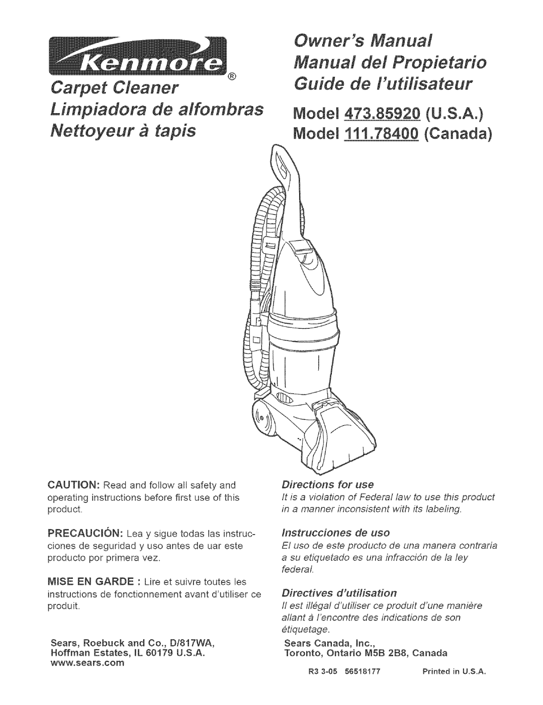 Kenmore 473.8592, 111.784 owner manual Limpiadora 