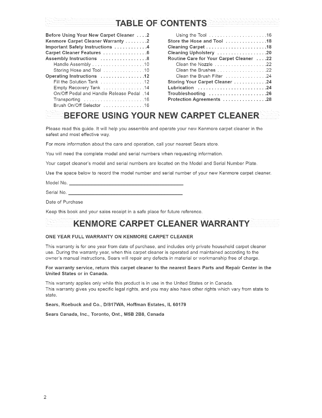 Kenmore 111.784, 473.8592 owner manual Before Using Your NEW Carpet Cleaner, Kennore Carpet Clean ER Warranty 