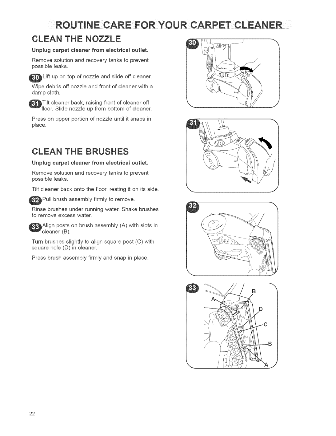 Kenmore 111.784, 473.8592 owner manual Clean the Nozzle, Clean the Brushes 