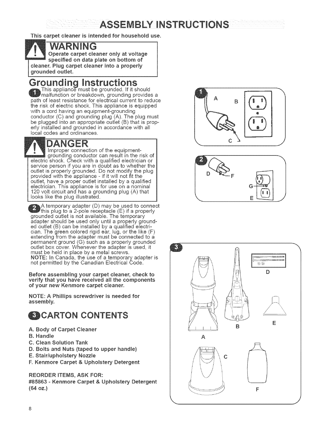 Kenmore 111.784, 473.8592 owner manual Grounding instructions, Ocarton Contents 