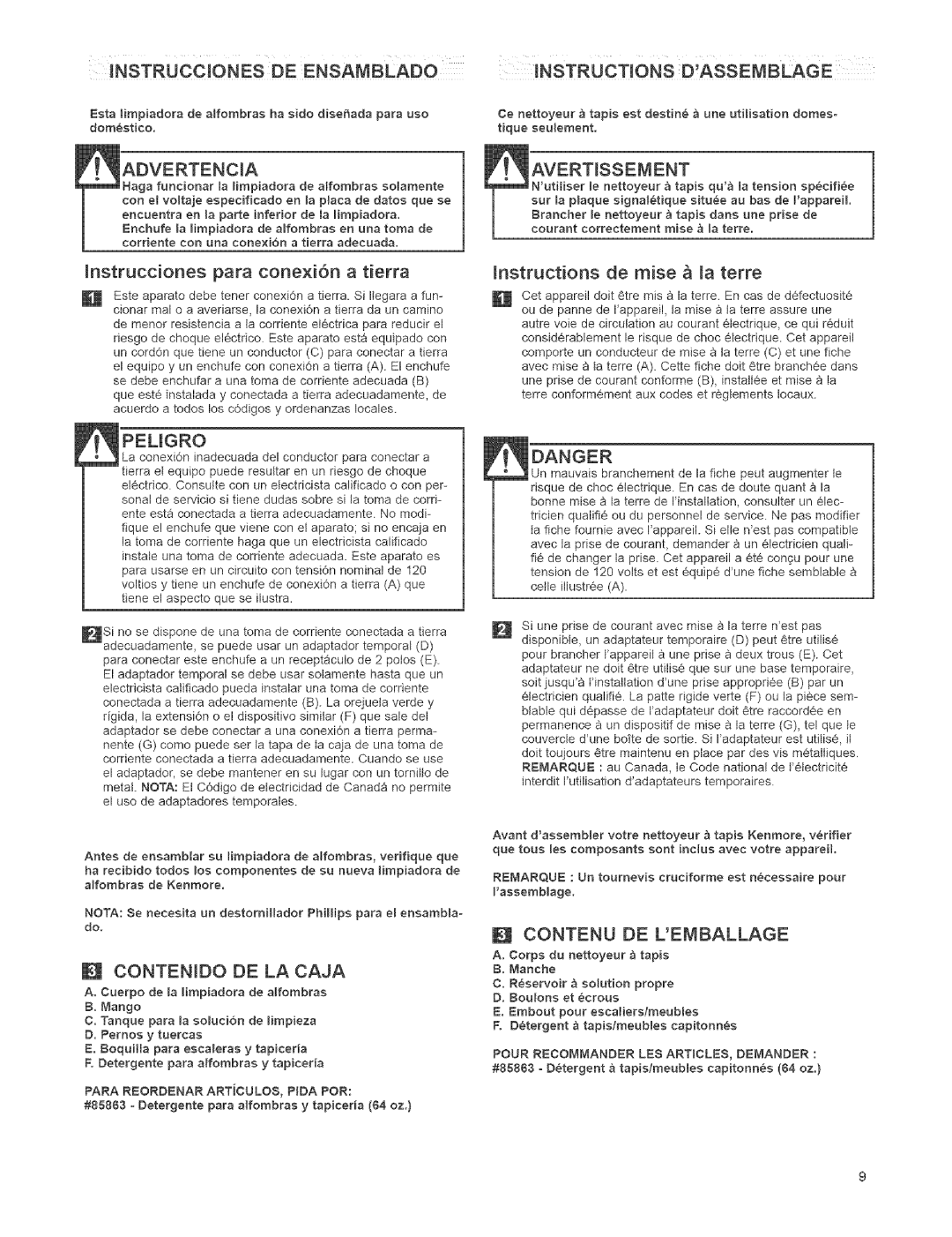 Kenmore 473.8592 Instrucciones DE Ensambeado, Contenjdo DE LA Caja, Instructions DA$SEMBLAGE, Contenu DE Lemballage 