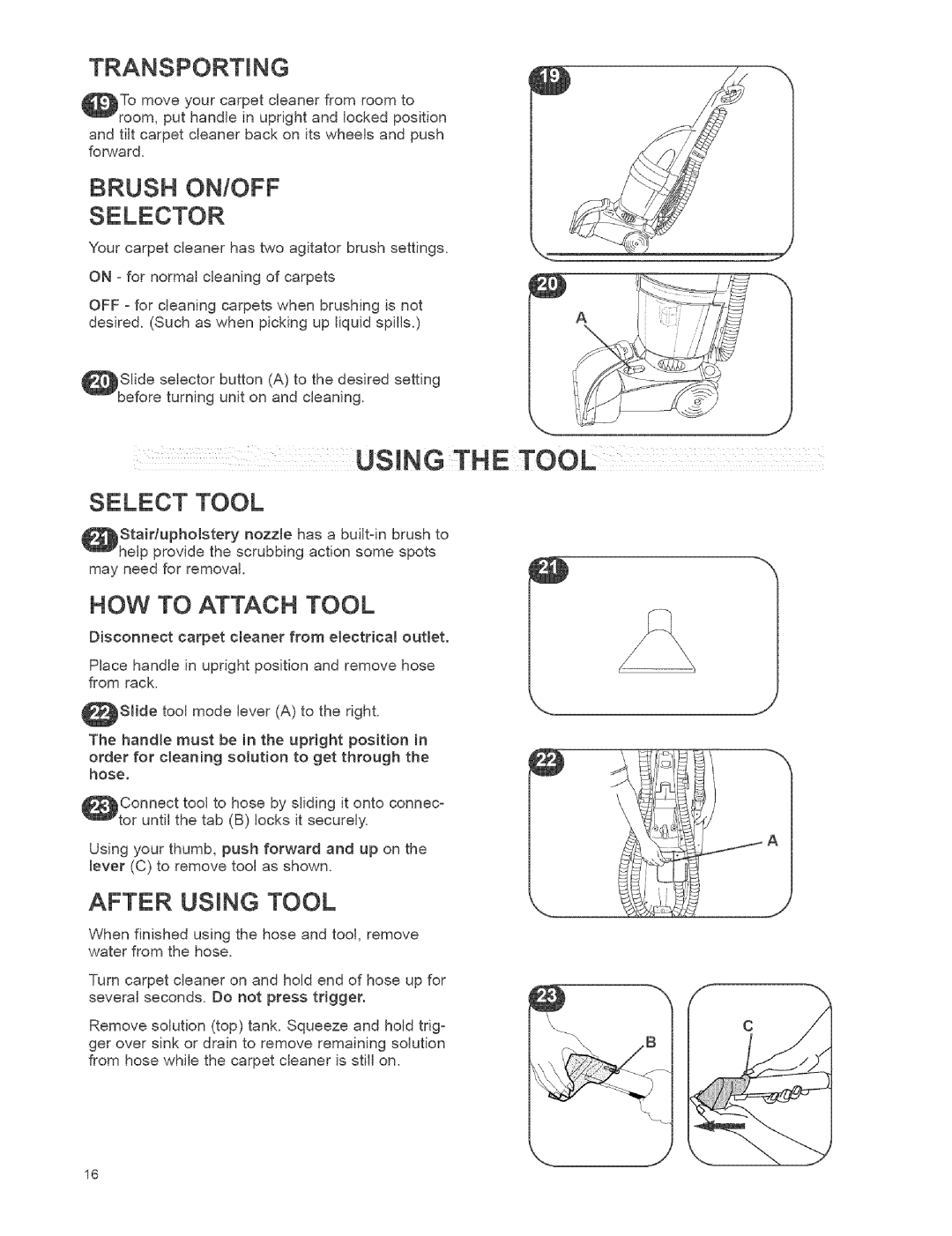 Kenmore 111.784, 473.8592 owner manual Brush On/Off, How To Attach Tool, After Using Tool, Select, lever C to 