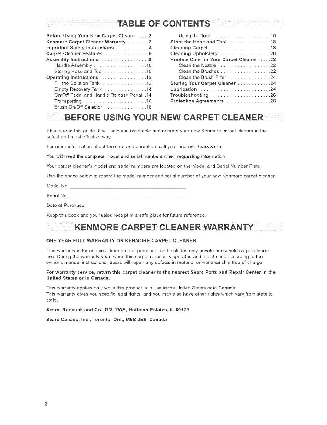 Kenmore 111.784, 473.8592 owner manual Before Using Your New Carpet Cleaner, Kennore Carpet Clean Er Warranty 